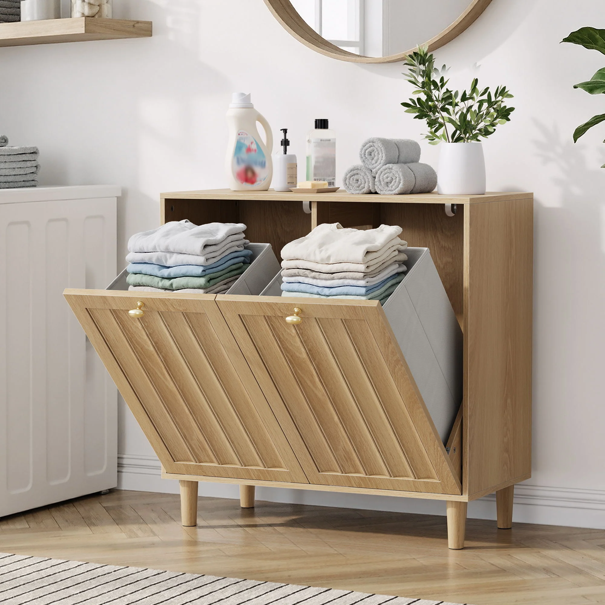 Sloping Laundry Basket With Removable Inner Bin, Concealed Storage Cabinet For Bathroom - Oak - Image 4