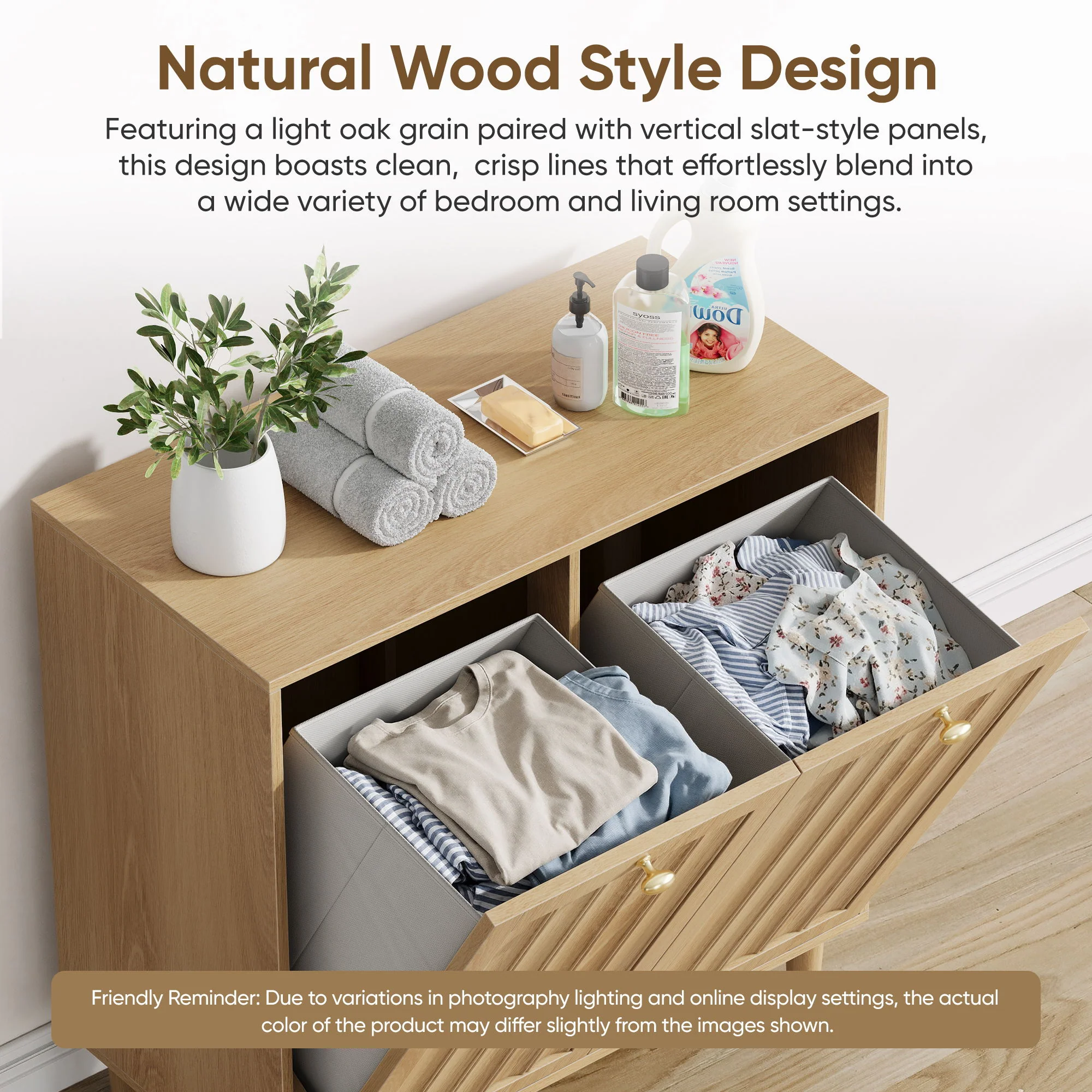 Sloping Laundry Basket With Removable Inner Bin, Concealed Storage Cabinet For Bathroom - Oak - Image 7