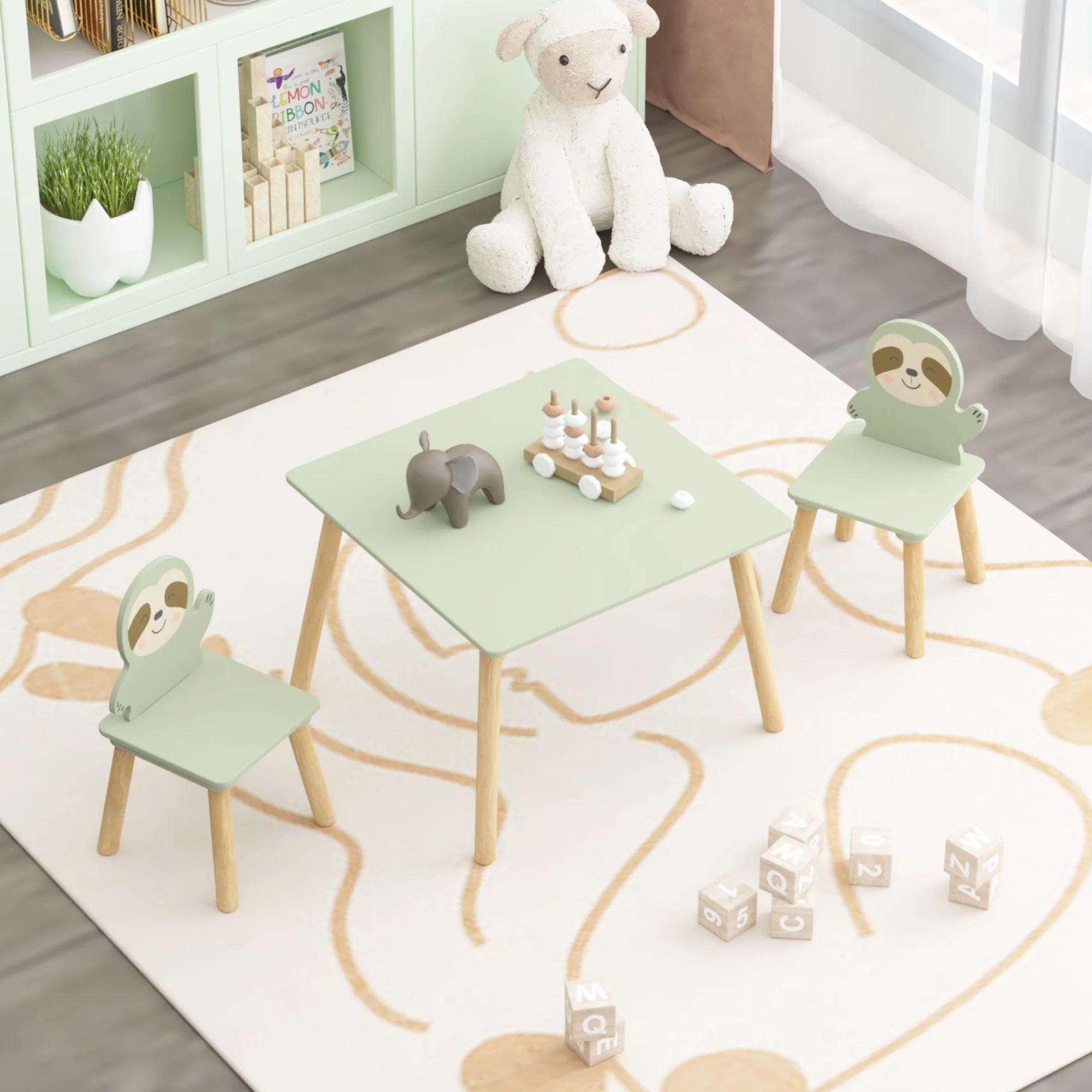 Sloth Themed Table And Chair Set With 2 Cute Animal Chairs - Natural Wood / Sage Green - Image 2