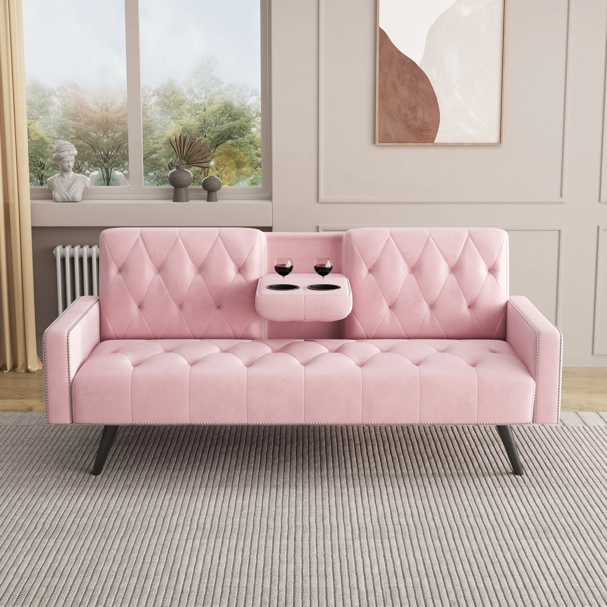 Sofa Bed With Nail Head Trim And Cup Holders - Pink - Image 2