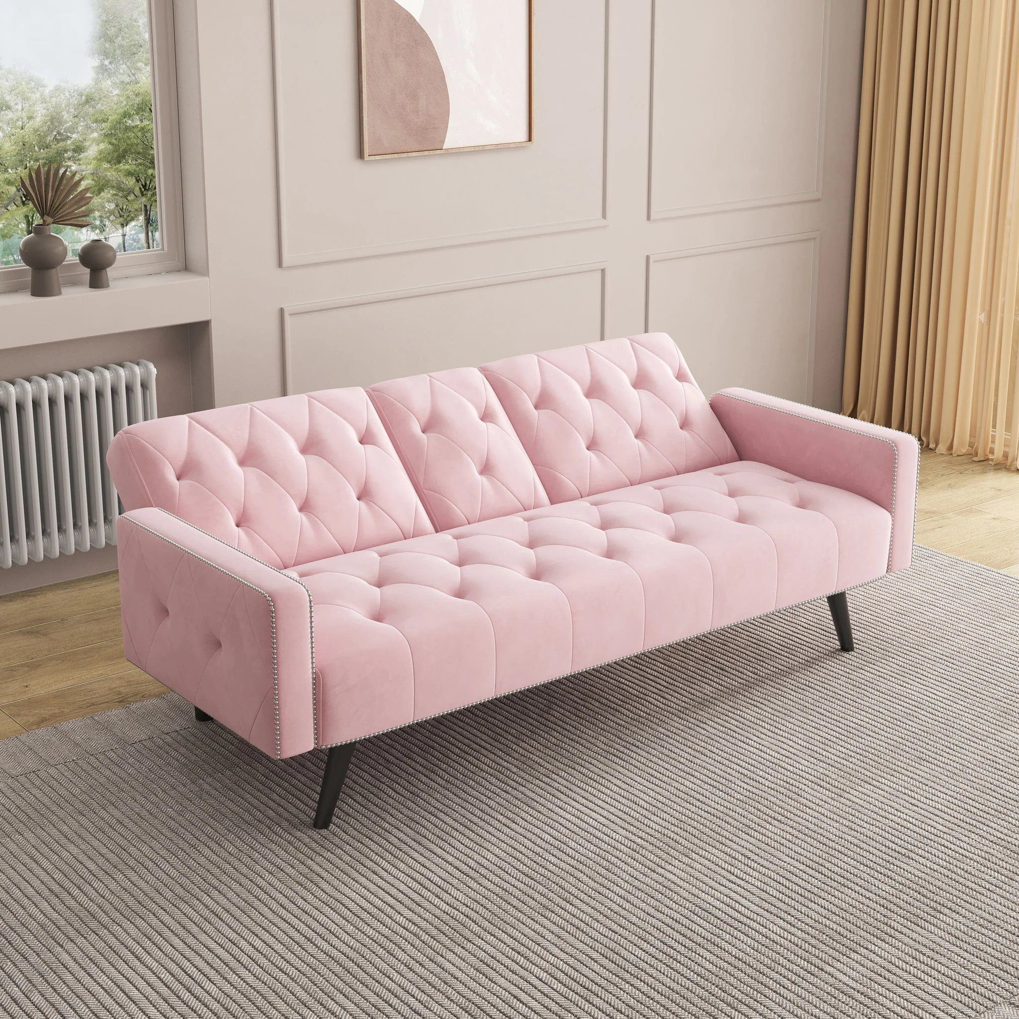 Sofa Bed With Nail Head Trim And Cup Holders - Pink - Image 3