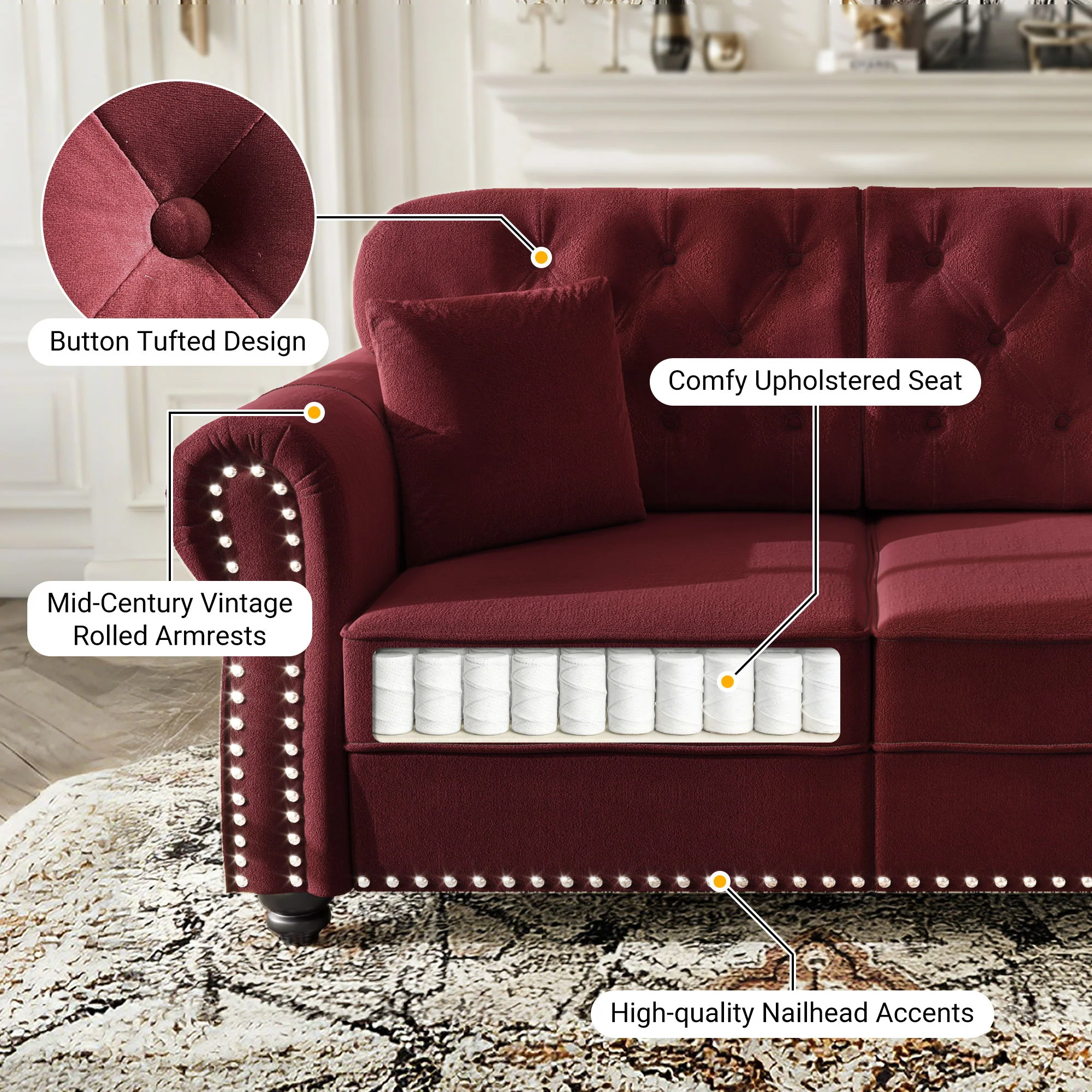 Sofa With Nailhead Trim And Rolled Armrests - Image 22