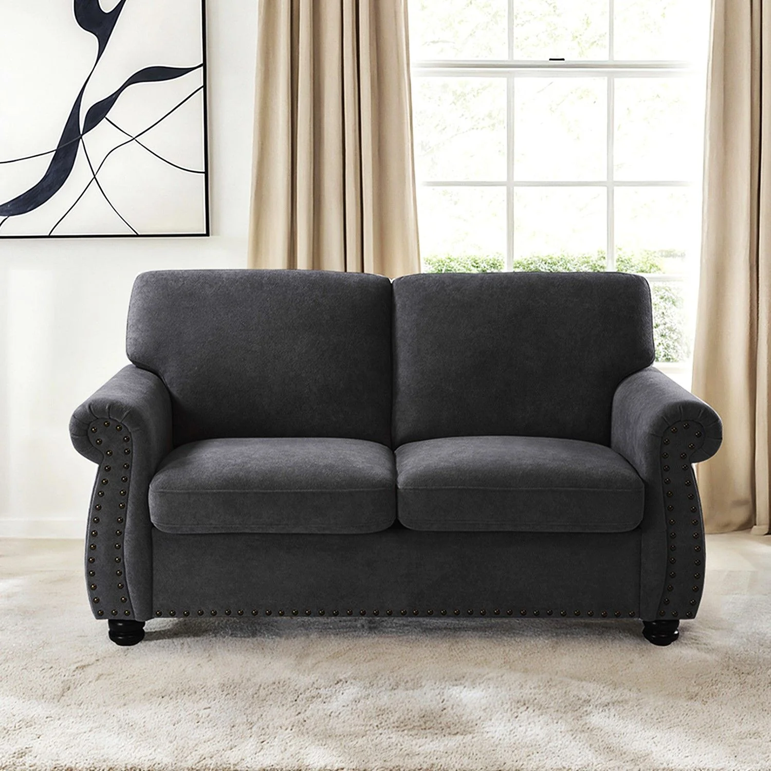 Soft Loveseat, Upholstered 2 Seater Couch, Loose Back Cushions And Turned Legs - Image 22