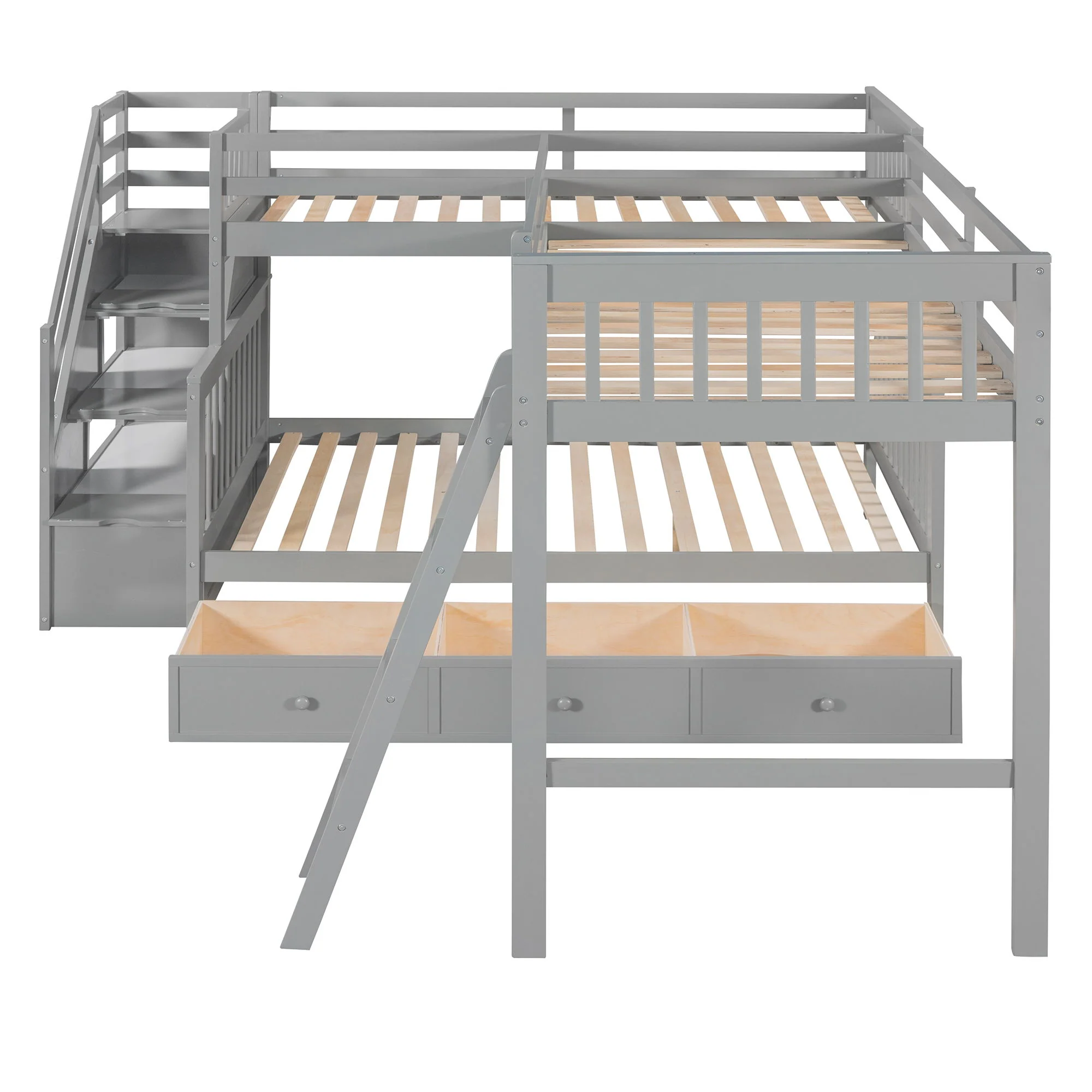 Solid L Shaped Bunk Bed With 3 Drawers, Ladder And Staircase - Image 13