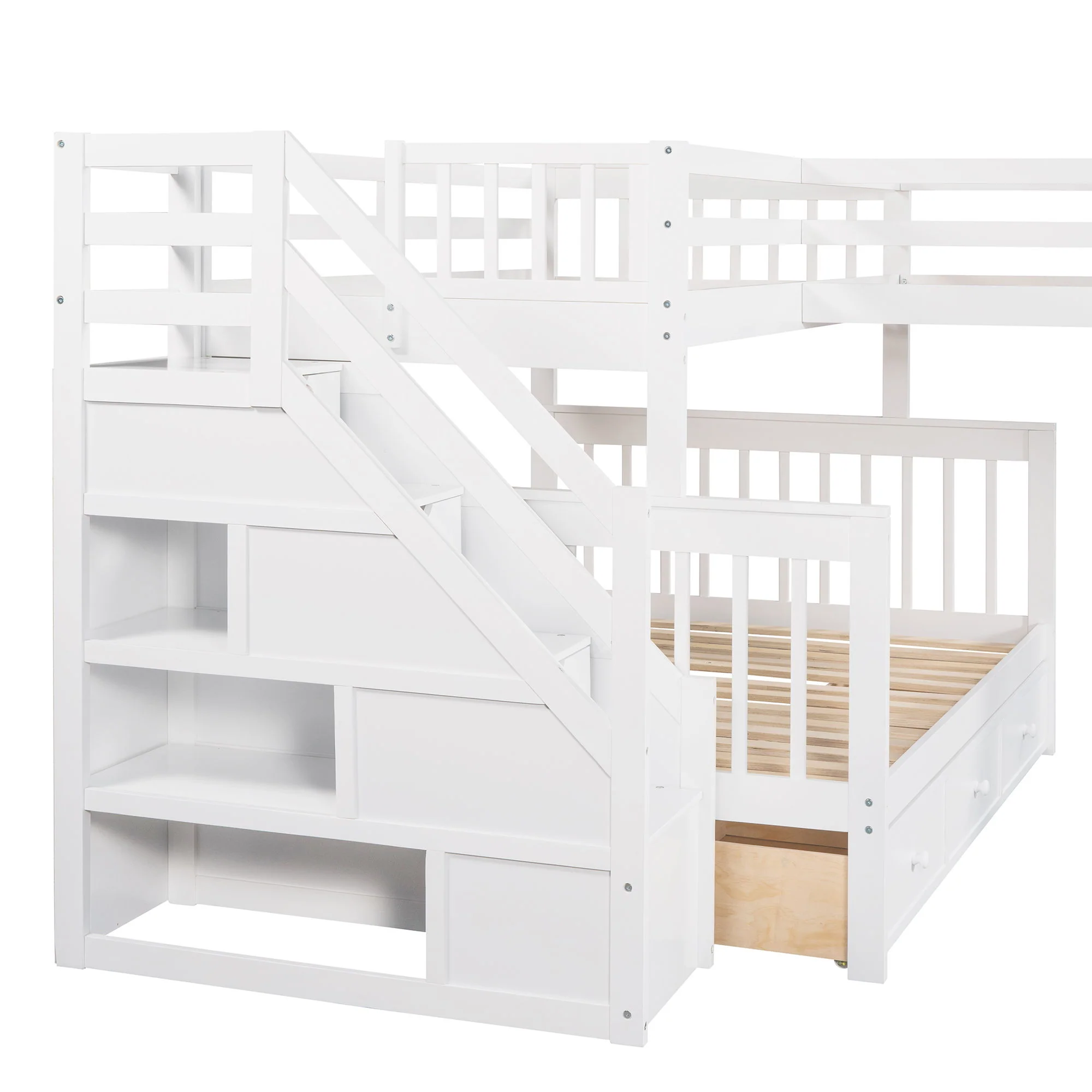 Solid L Shaped Bunk Bed With 3 Drawers, Ladder And Staircase - Image 4