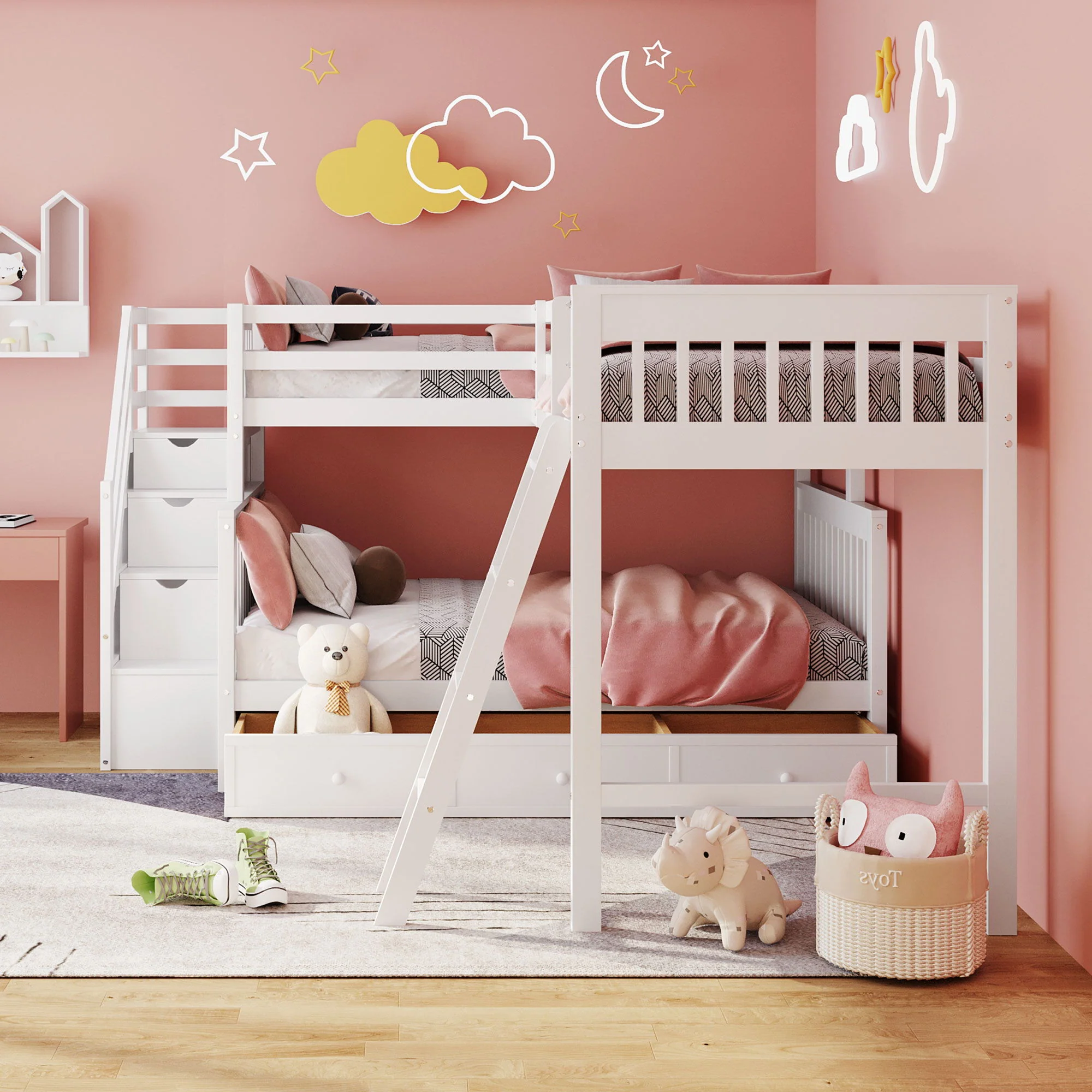 Solid L Shaped Bunk Bed With 3 Drawers, Ladder And Staircase - Image 5