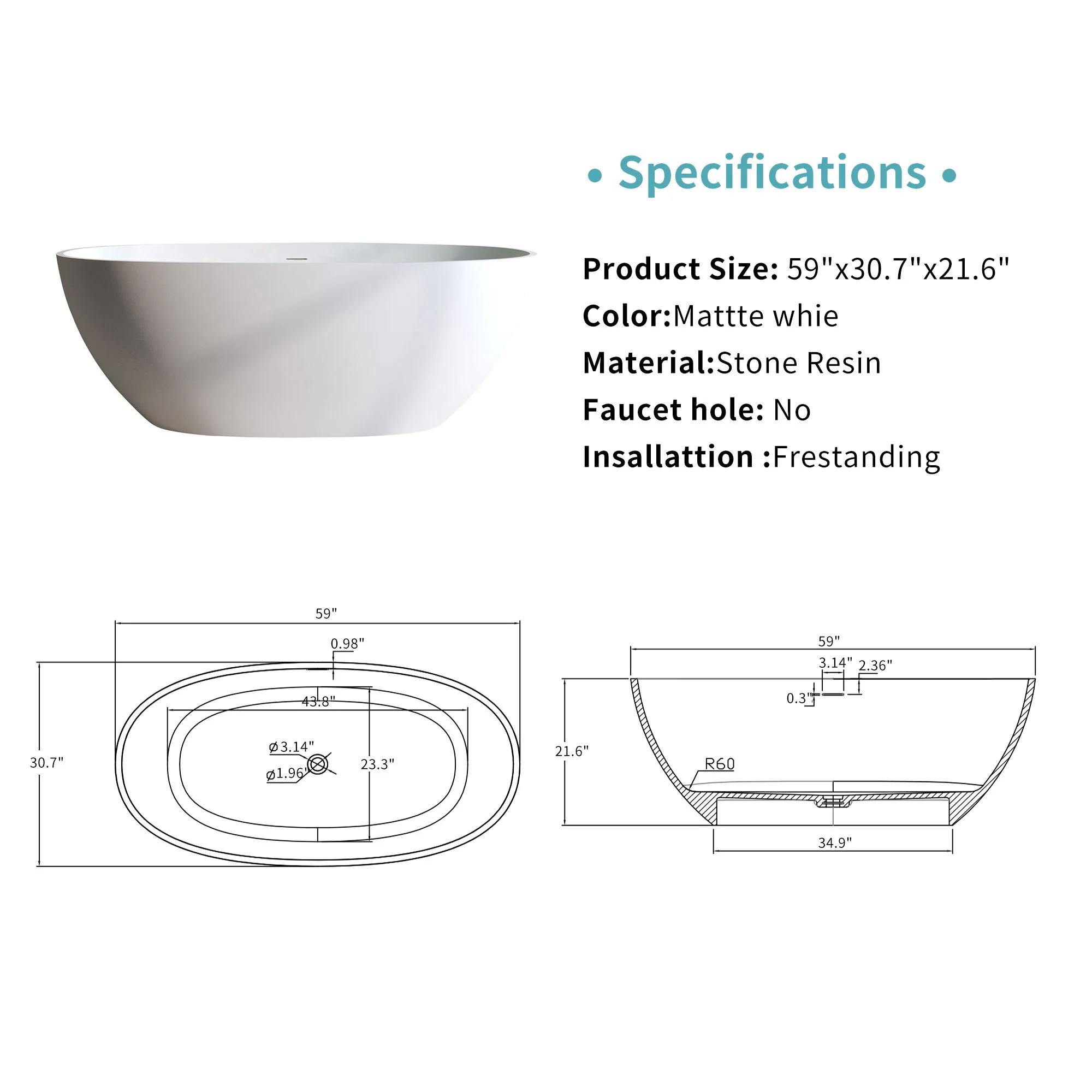 Solid Surface Matte Tub, Solid Surface Soaking Tub, Stone Resin Freestanding Bathtub, Thick Edge Stand Alone Tubs With Overflow, Pop-Up Drain (Oval) - Matte White - Image 4