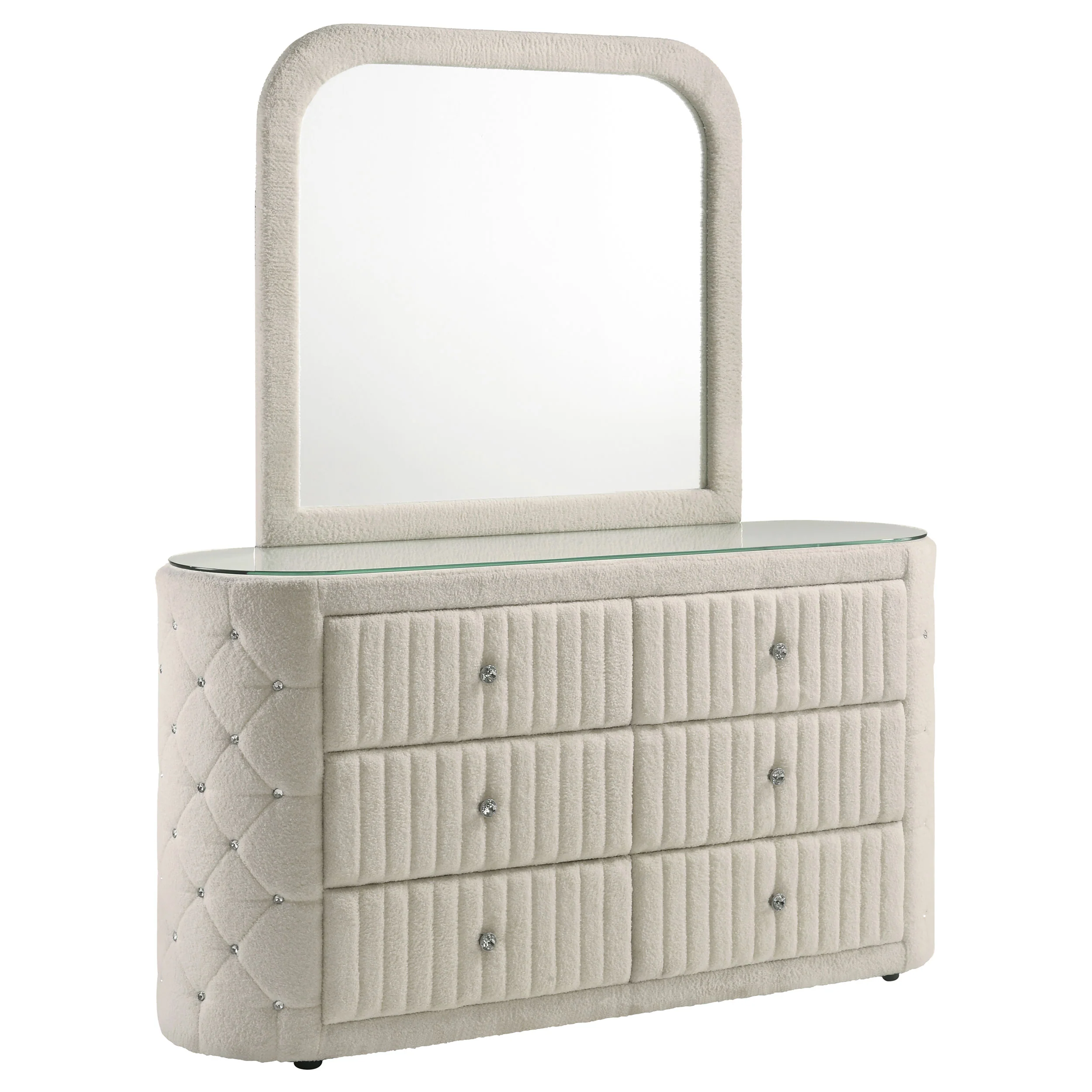 Sonya 6-Drawer Upholstered Dresser with Mirror, Ivory Bouclé