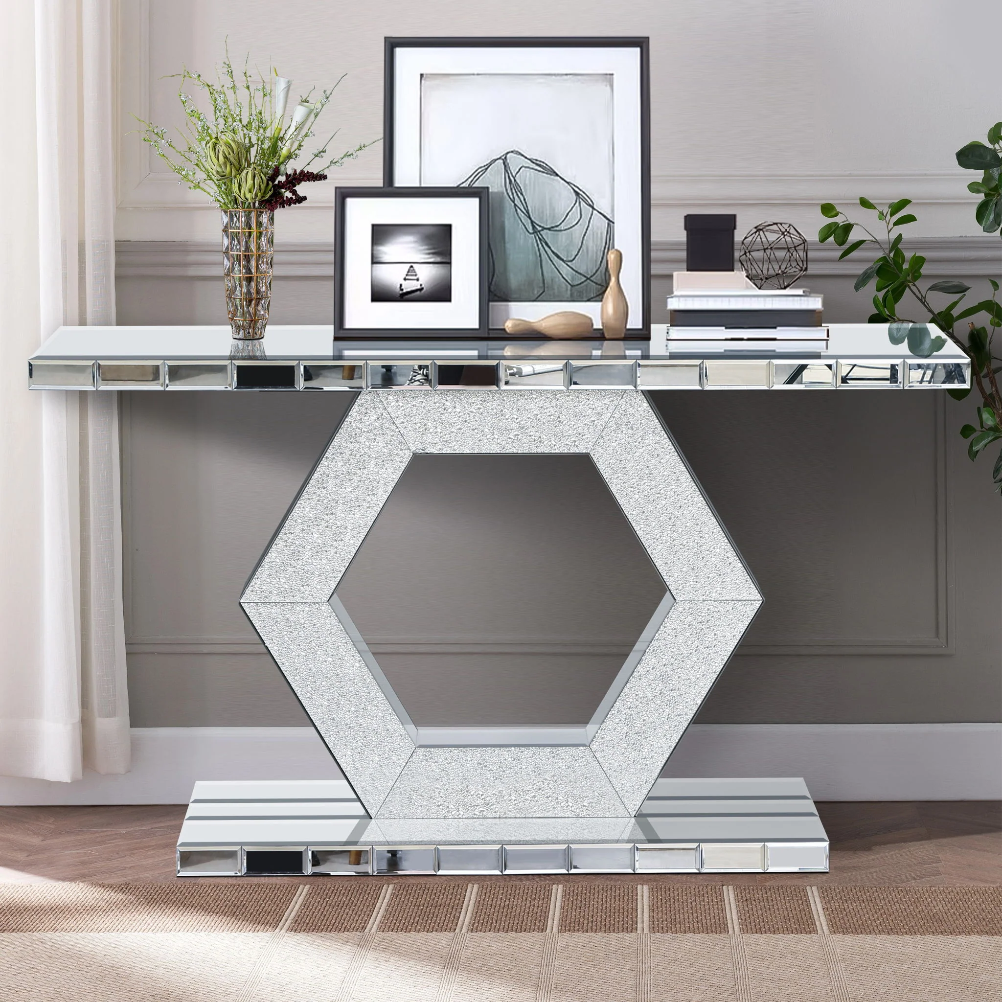 Sparkling Crystal Hexagon Mirror Entryway Premium Modern Foyer Console Table With Diamond Glass Effects, Dual Tier Luxury Sofa Table - Silver - Image 3