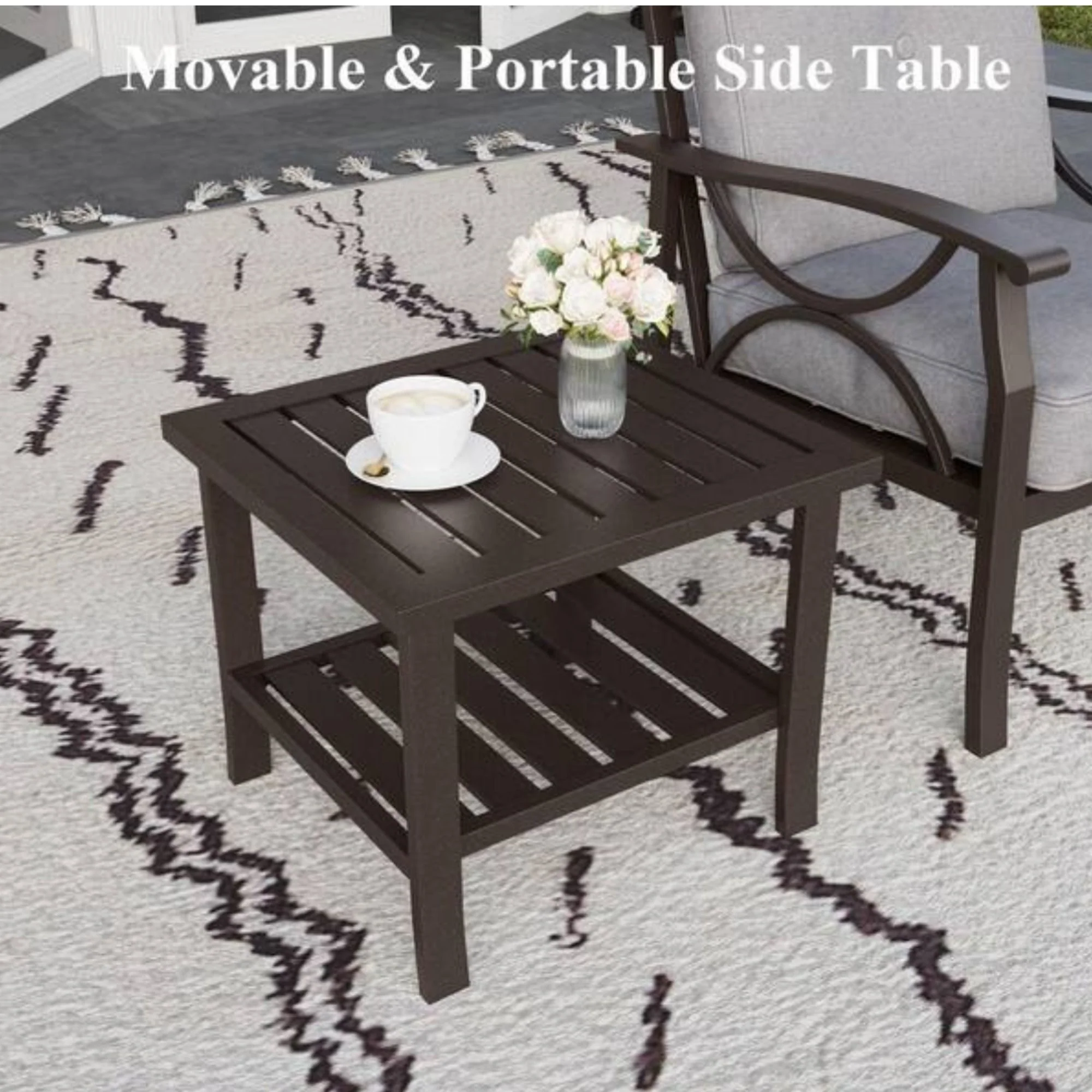 Square 2 Tier All-Weather Outdoor Side Table With Slatted Top - Image 5