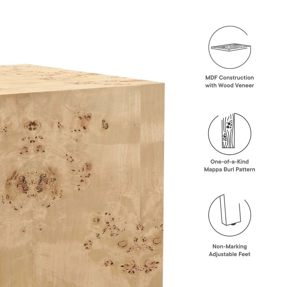 Square Burl Wood Side Table – 16 Inch MDF Veneer - Image 12