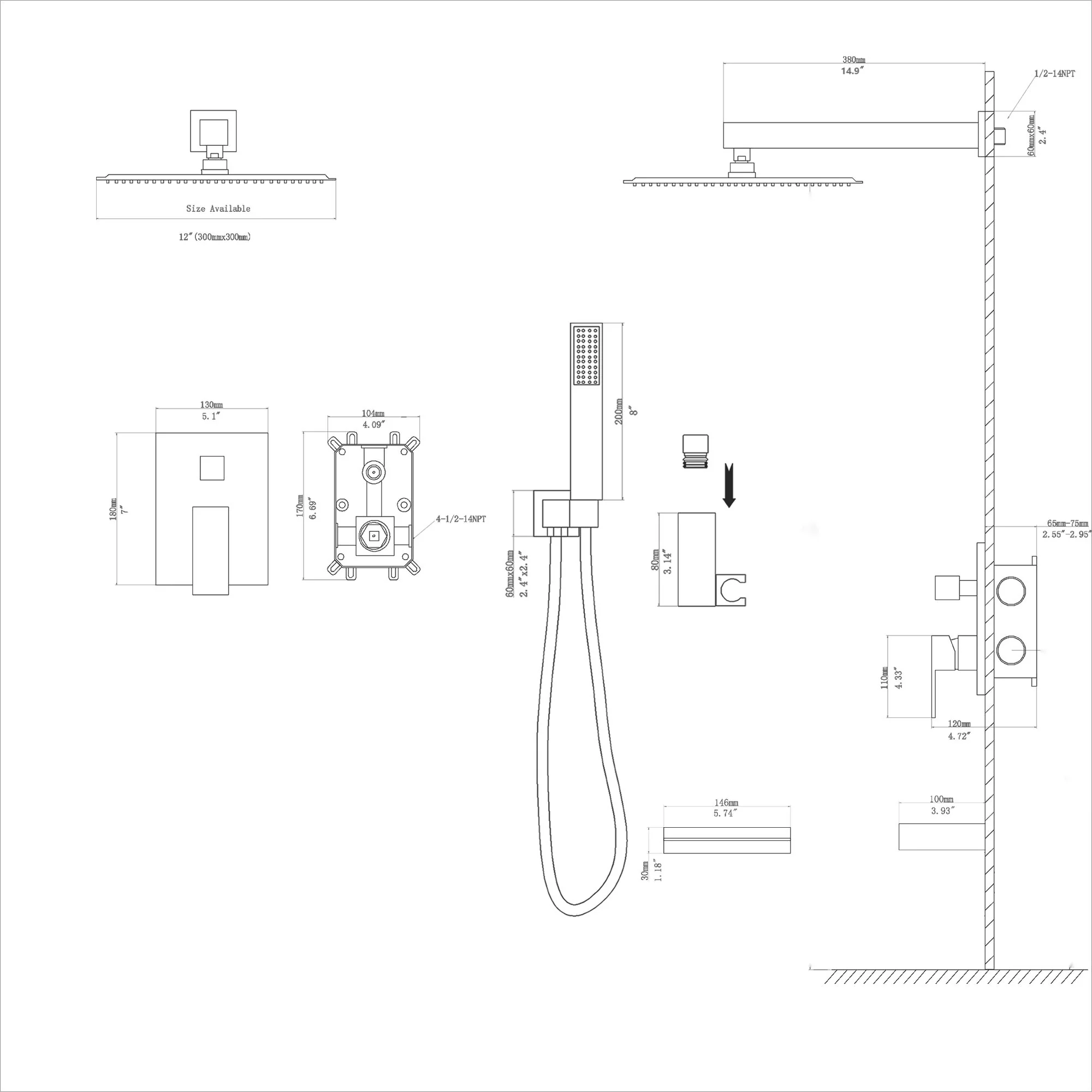 Square Shower System With Waterfall Tub Spout And Rough In Valve, Wall Mounted - Image 4