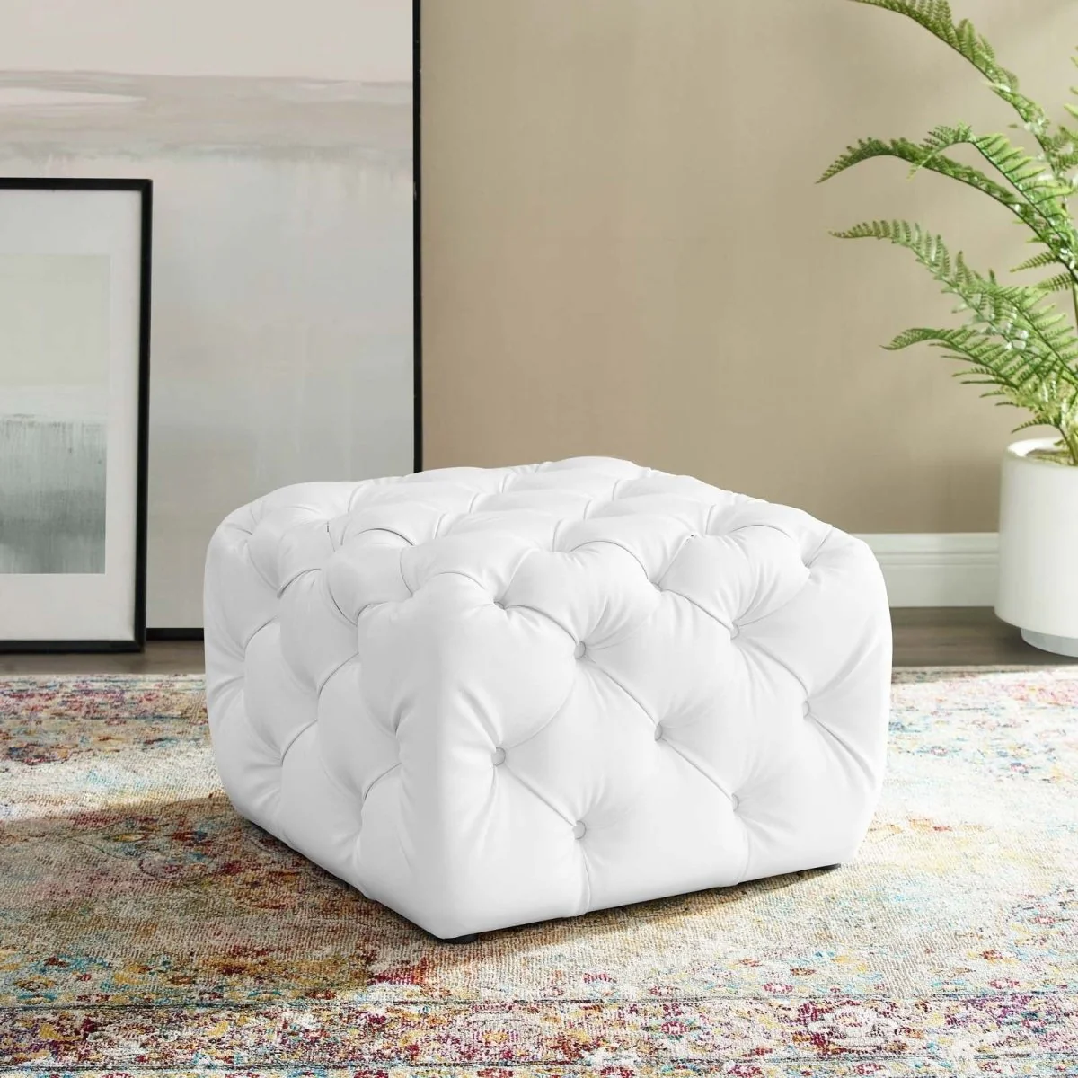 Square Tufted Faux Leather Ottoman – Upholstered 24 Inch - Image 5