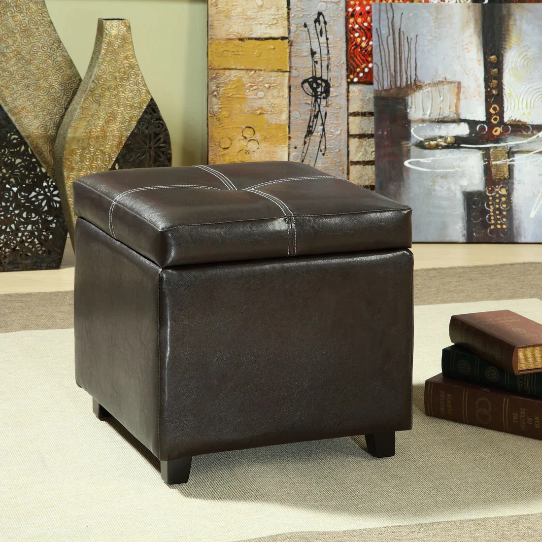 Square Vinyl Upholstered Storage Ottoman with Wood Legs – 17 Inch - Image 6
