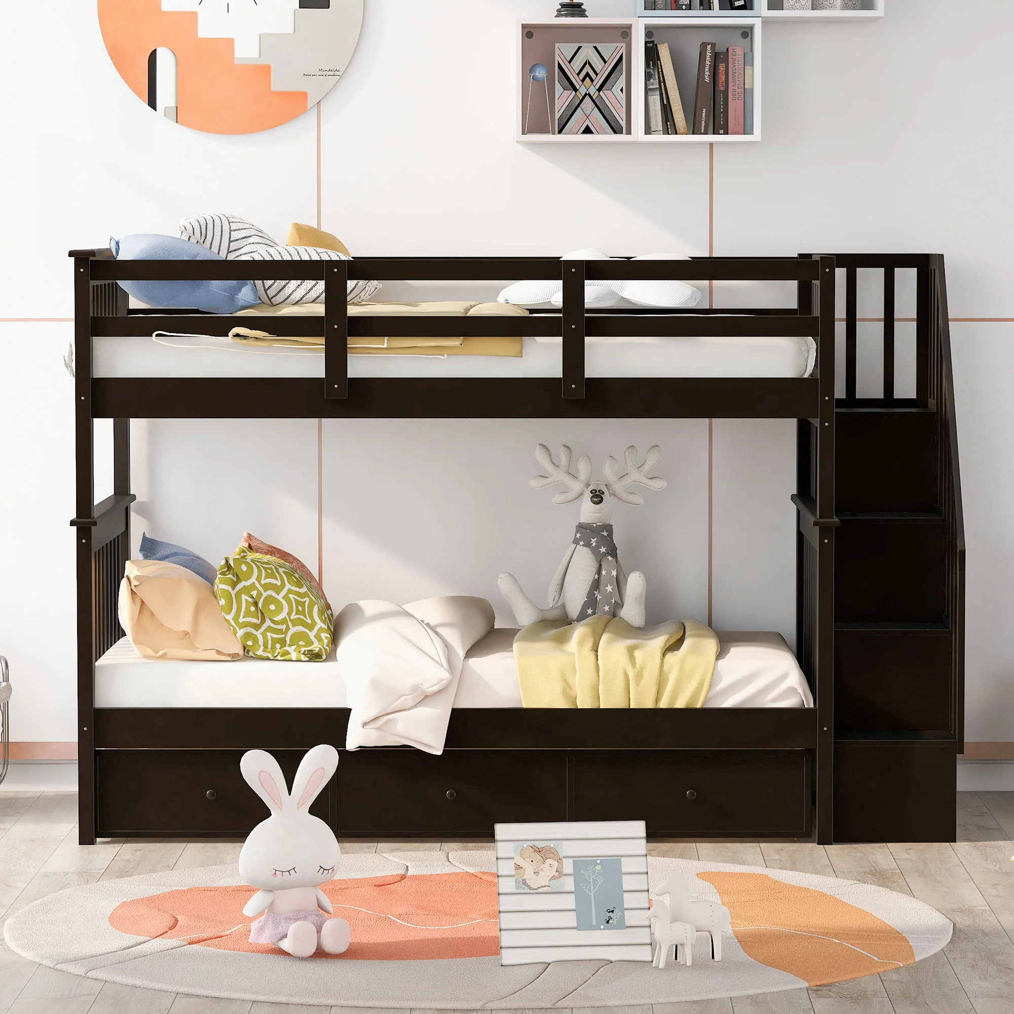 Stairway Bunk Bed With Storage And Guard Rail For Bedroom - Image 61