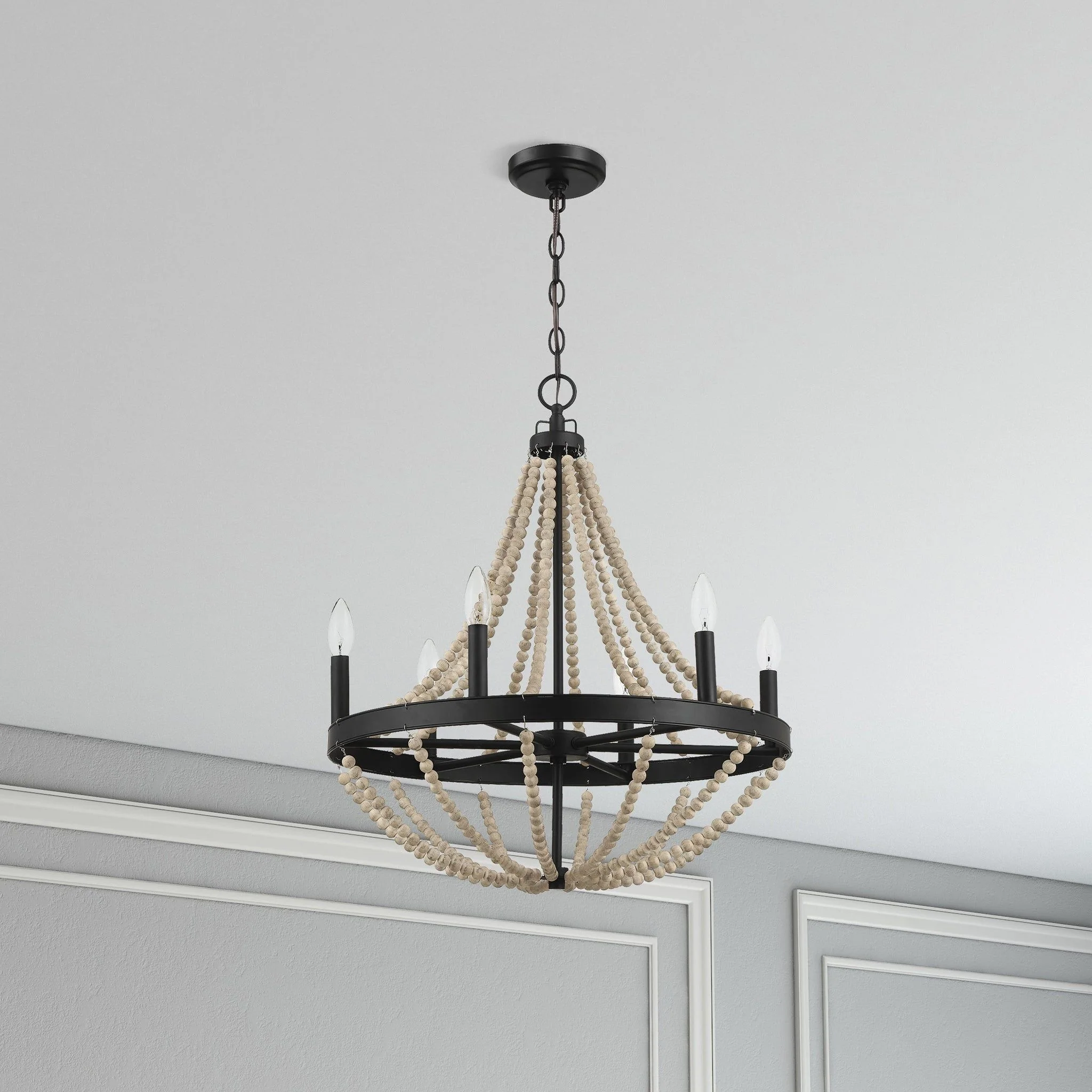 Starry - Chandelier 6 Candle Light Wood Beaded Pendant Light For Dining Room - Black / Clear - Image 2