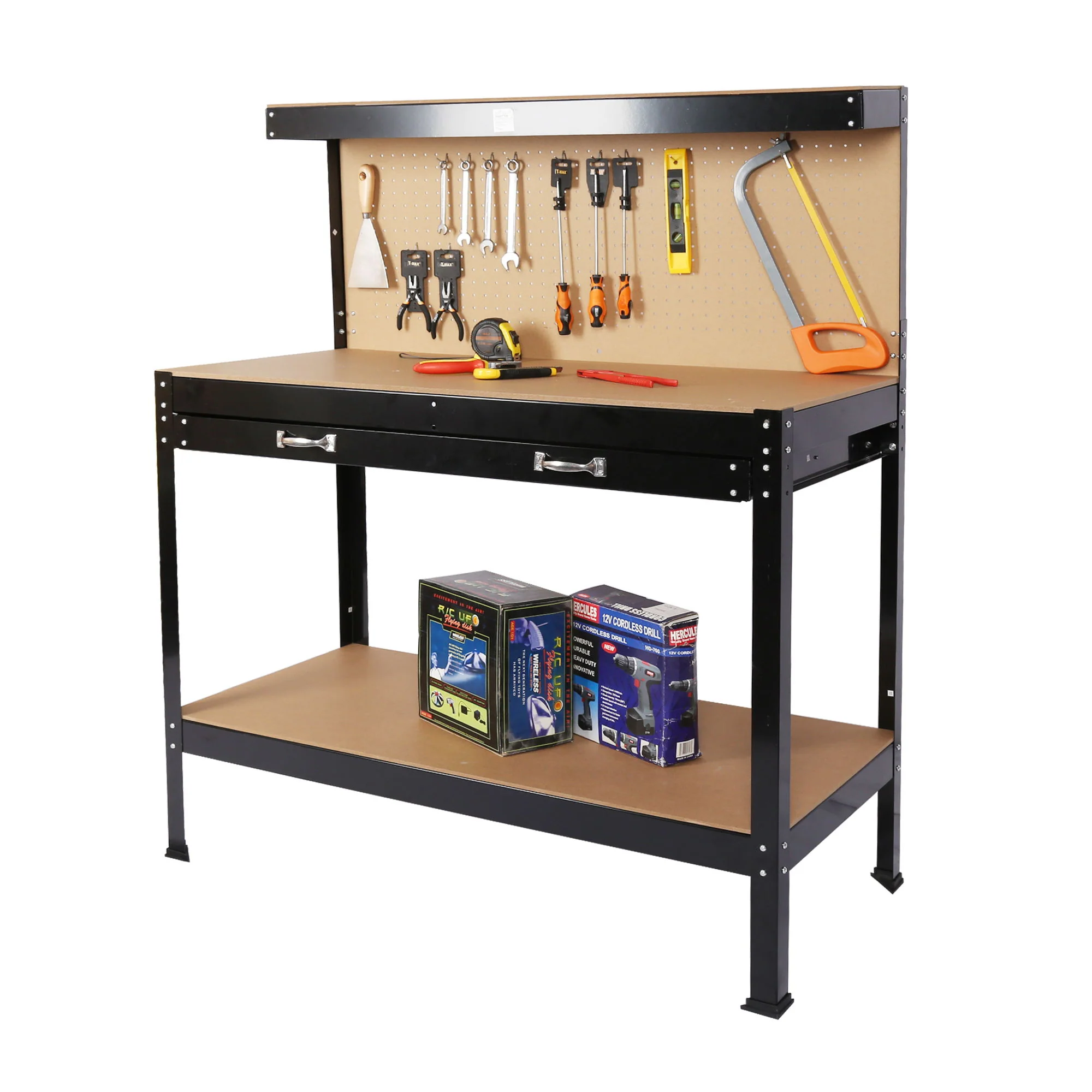 Steel Workbench Tool Storage Work Bench Workshop Tools Table With Drawer And Peg Board - Black / Light Brown - Image 3