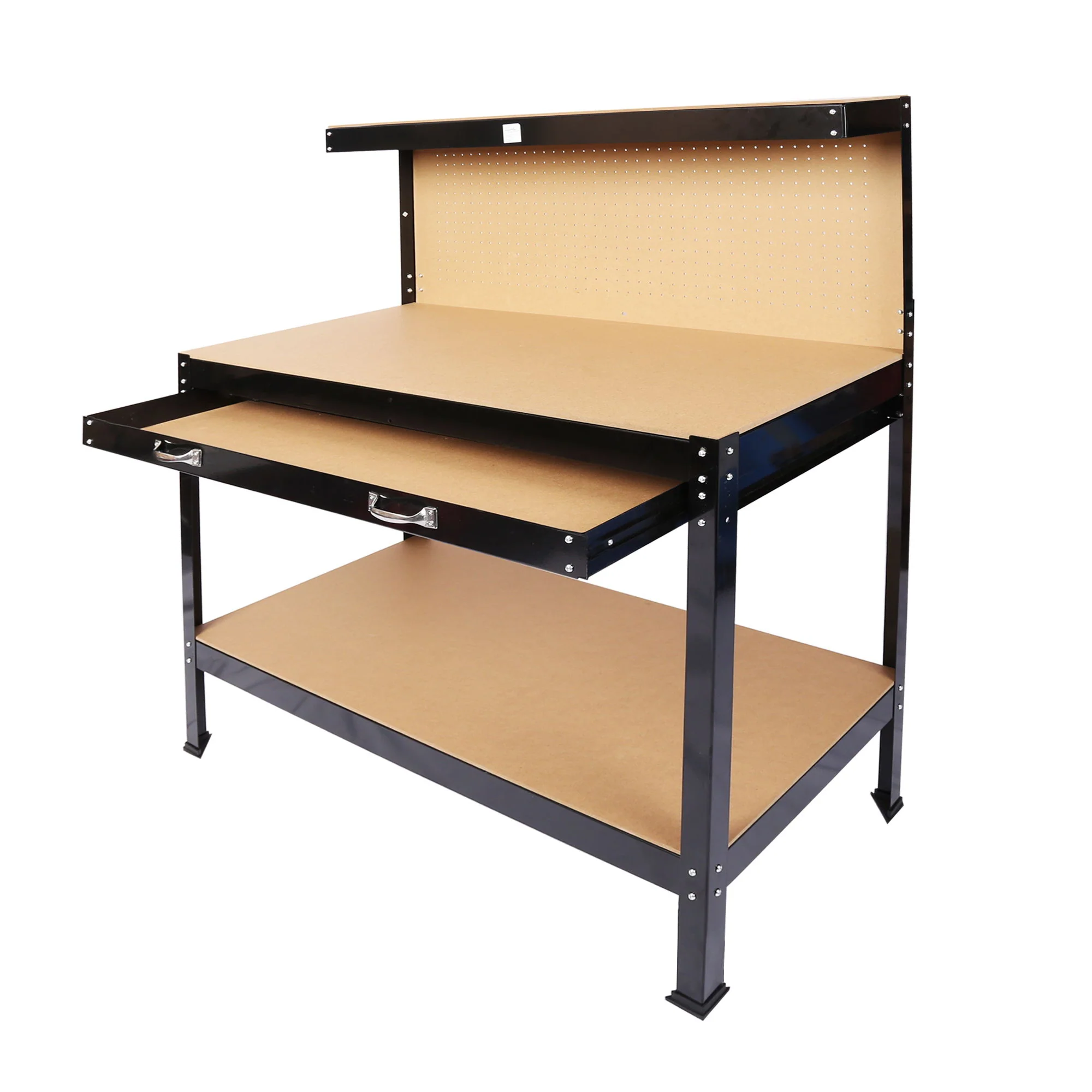 Steel Workbench Tool Storage Work Bench Workshop Tools Table With Drawer And Peg Board - Black / Light Brown - Image 6