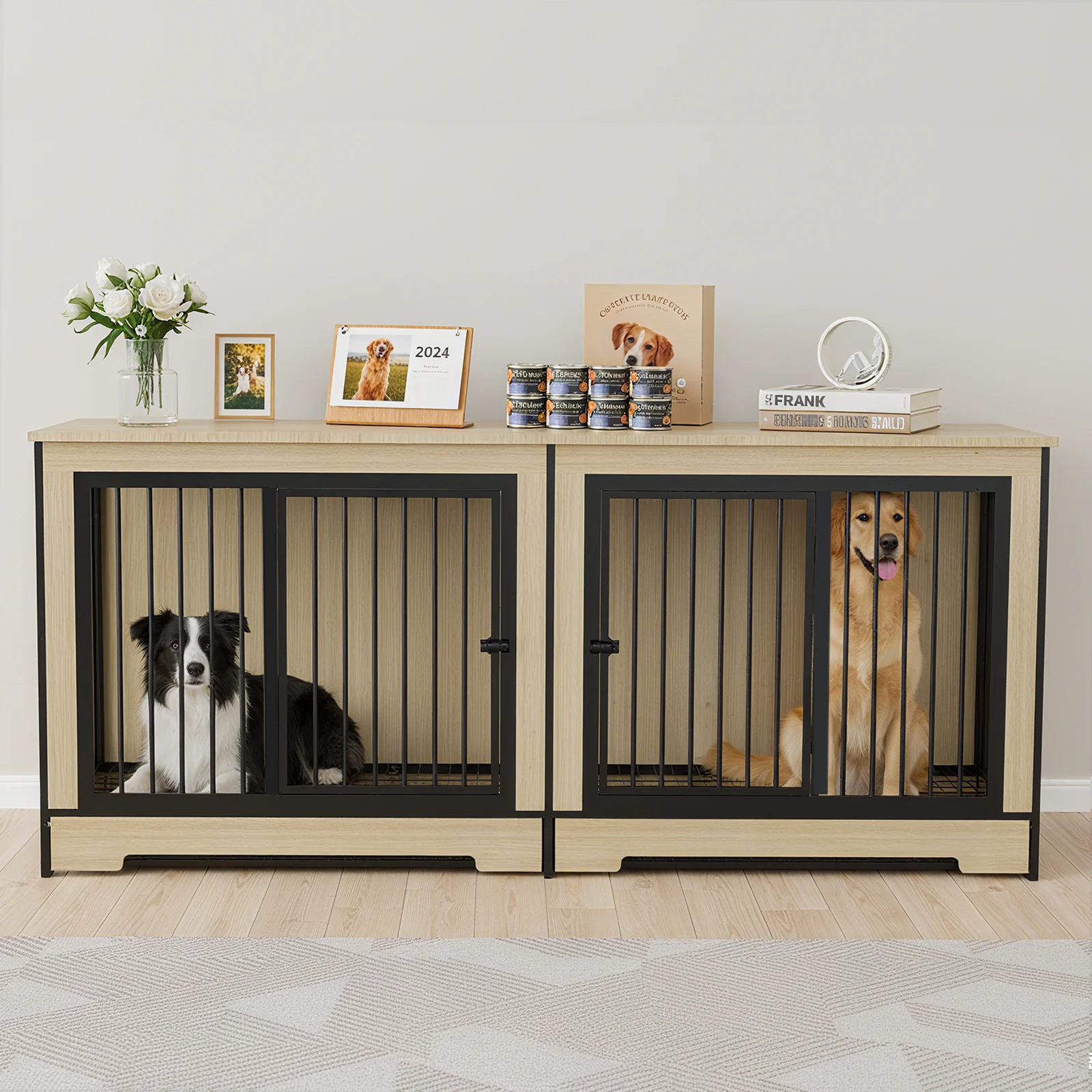 Sterling XL 75-Inch Dual-Suite Dog Crate Furniture with Removable Divider and Dual Trays - Image 2