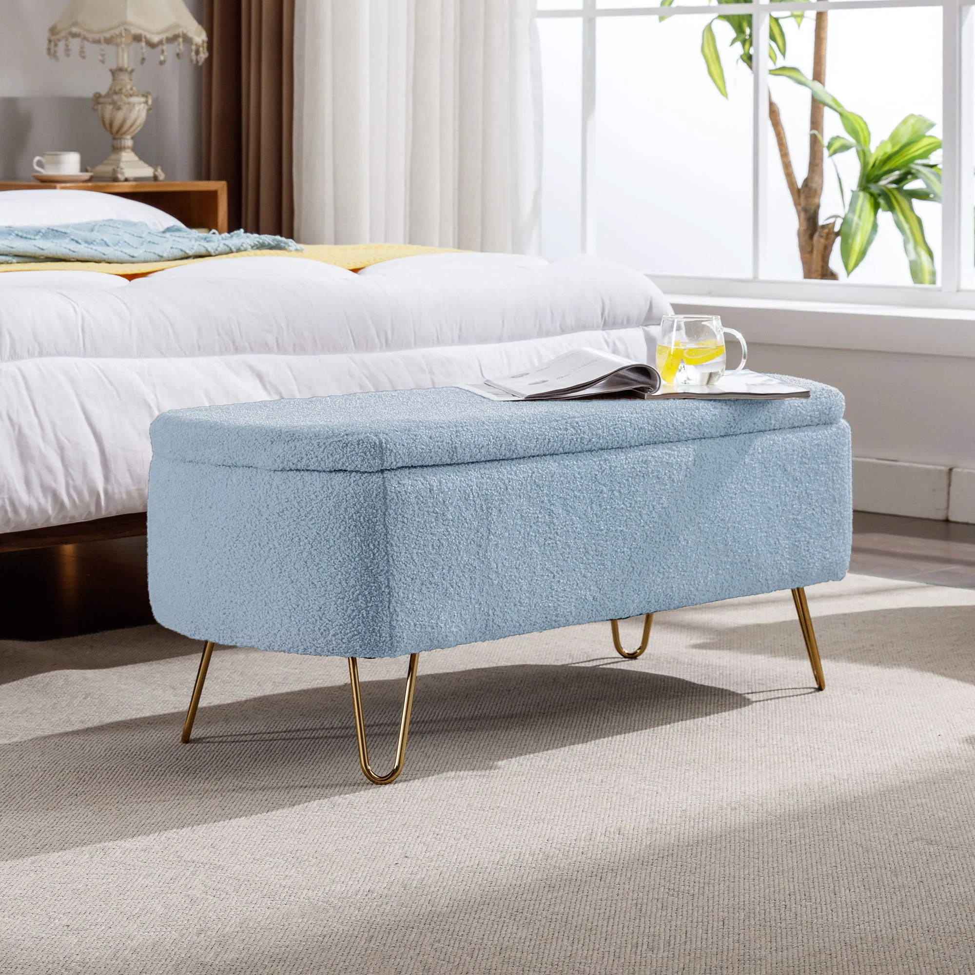 Storage Ottoman Bench For End Of Bed Legs, Modern Camel Faux Fur Entryway Bench Upholstered Padded With Storage For Living Room Bedroom - Image 15