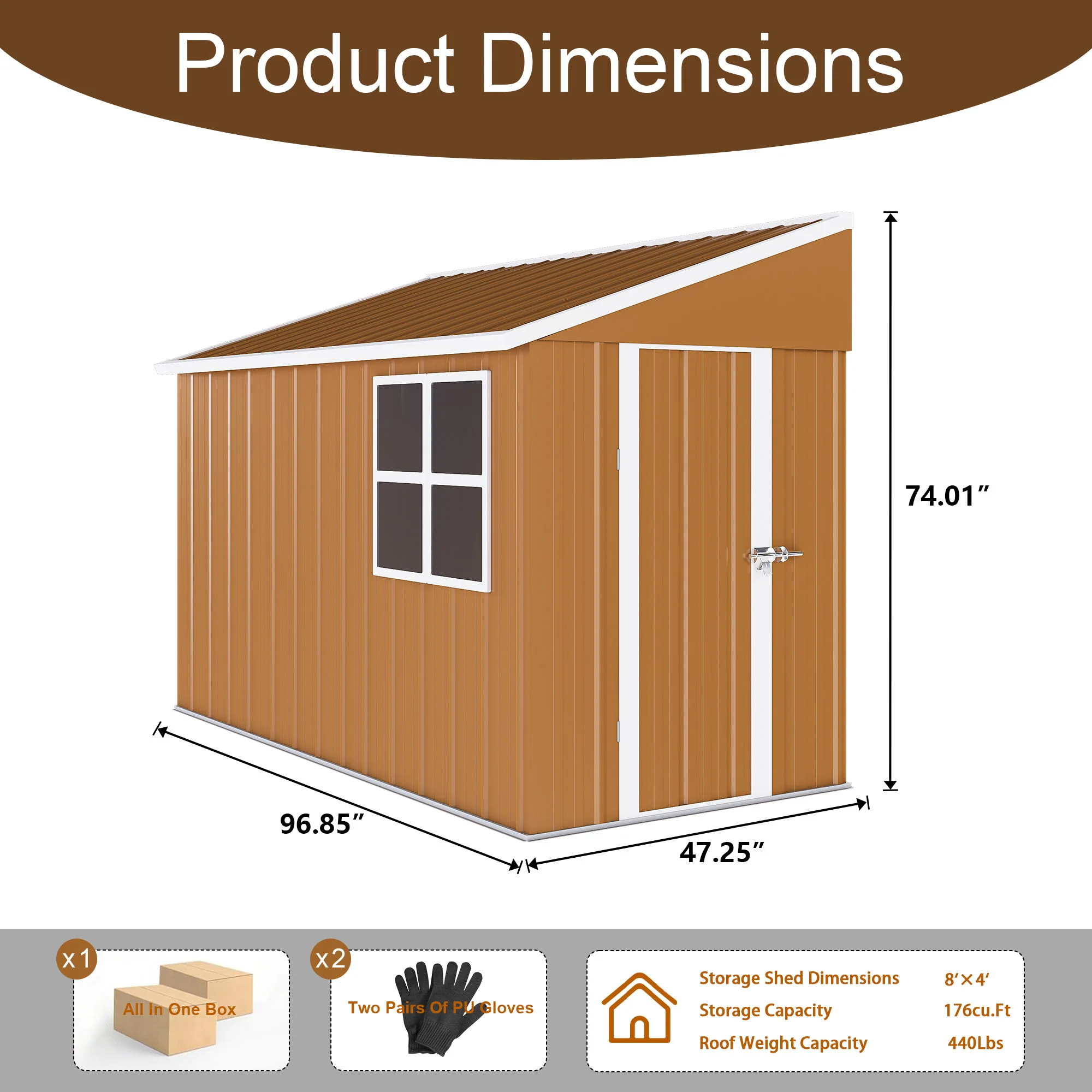 Storage Shed Garden Building Heavy Duty Weatherproof Iron 8x4ft Brown - Image 2