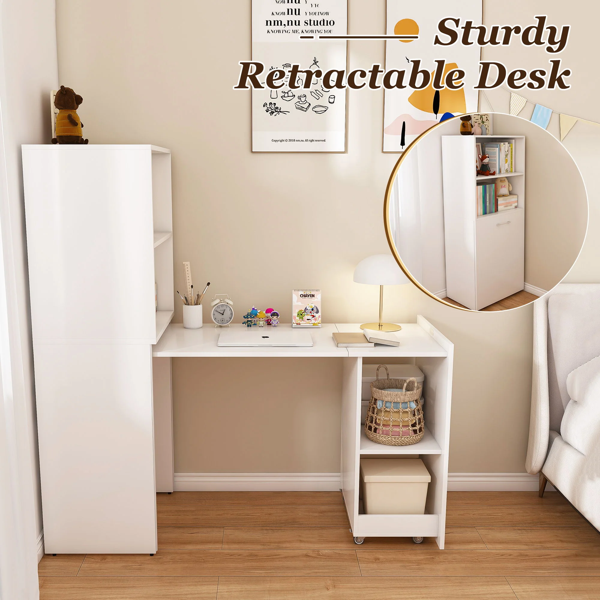 Stretchable Office Desk With Storage Shelves And Mobile Wheels - Image 11