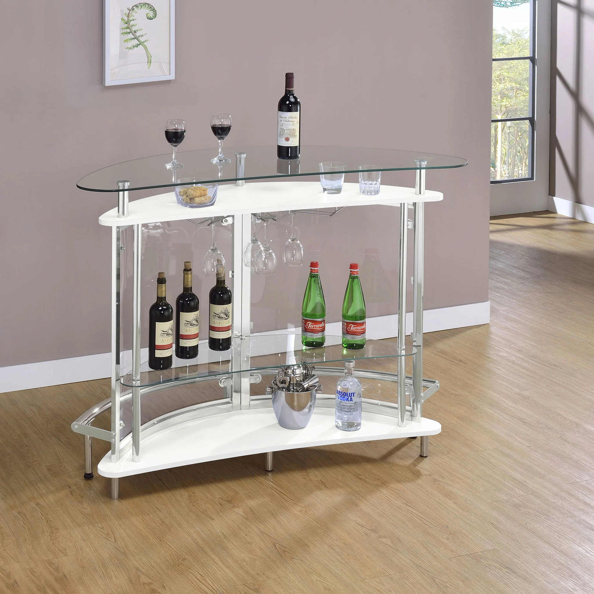 Strick - Freestanding Glass Top Home Bar Wine Cabinet - White - Image 4