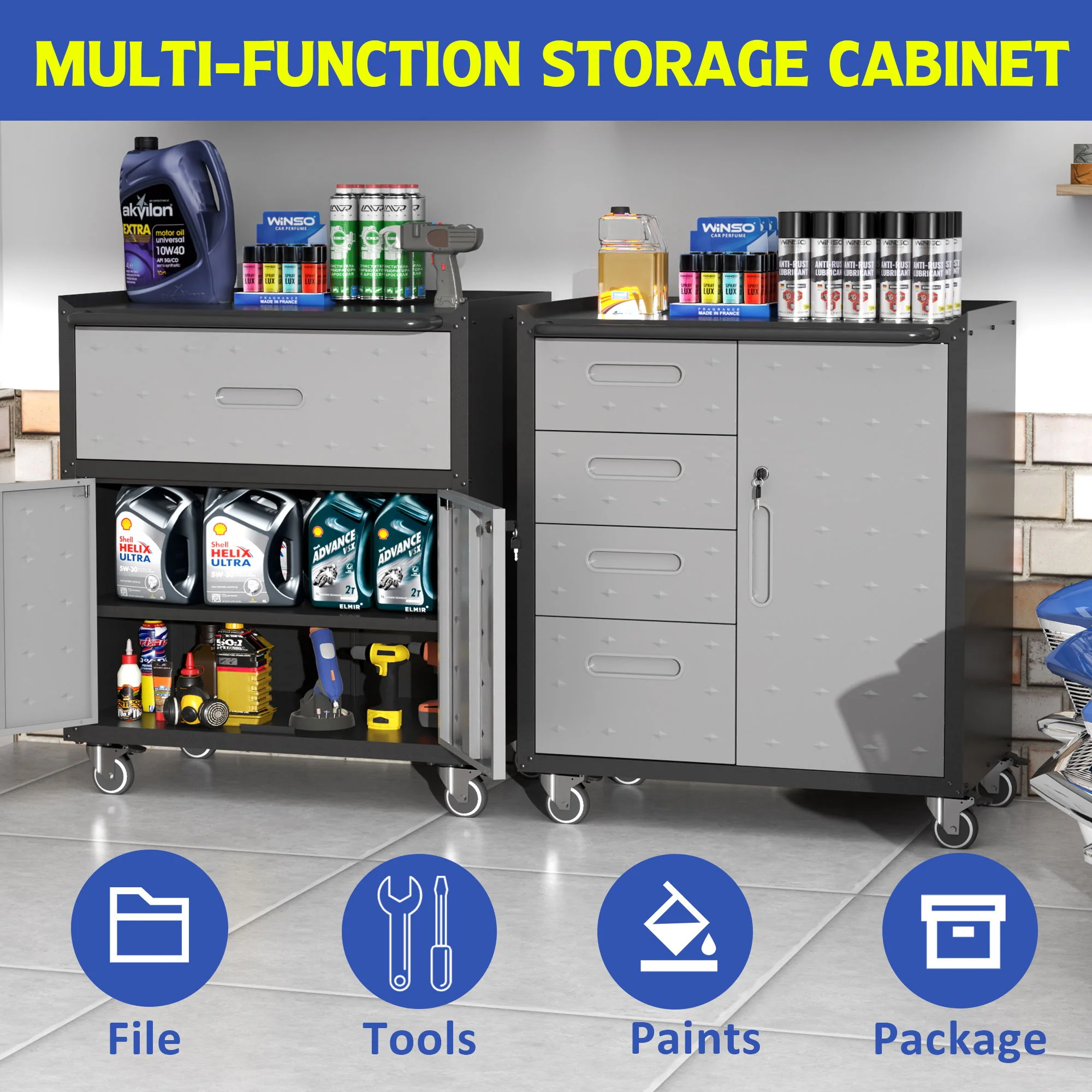 Sturdy Metal Tool Storage Cabinet With Wheels Durable Garage, Office & Home Organizer Steel - Image 14