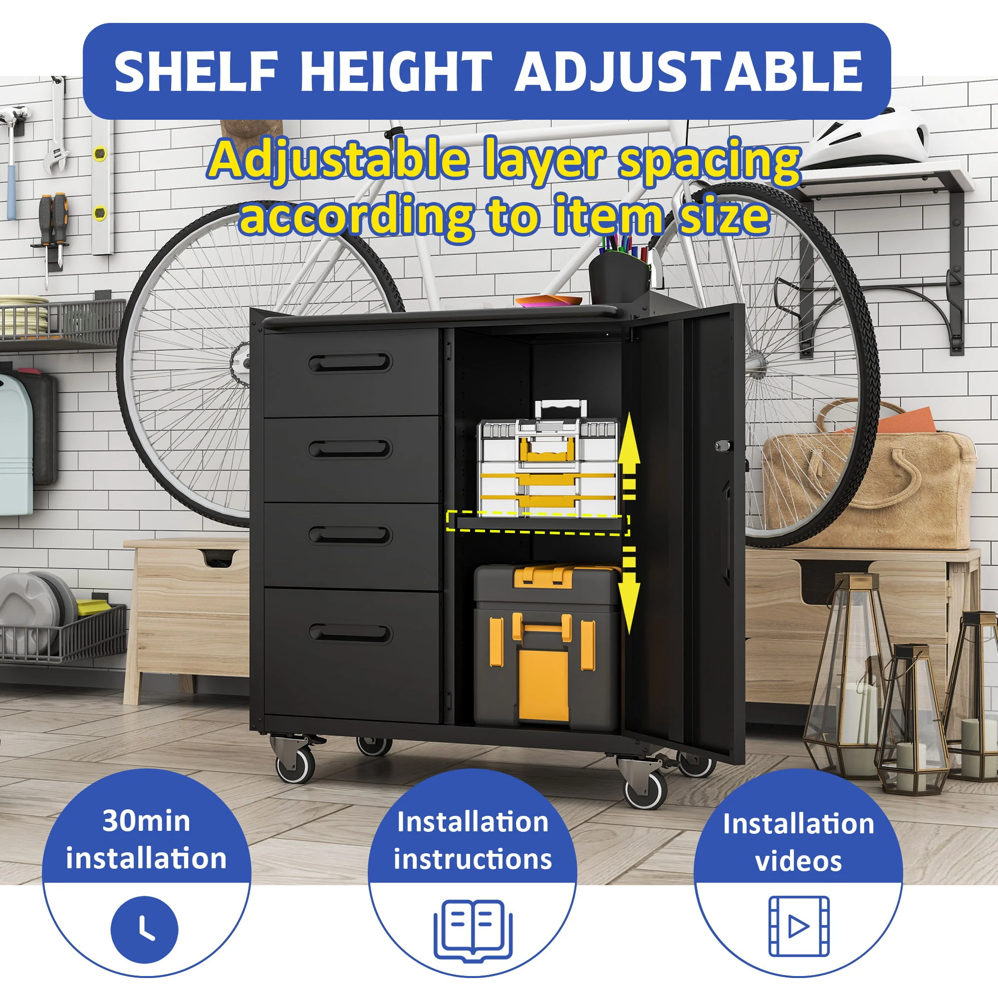 Sturdy Metal Tool Storage Cabinet With Wheels Durable Garage, Office & Home Organizer Steel - Image 5