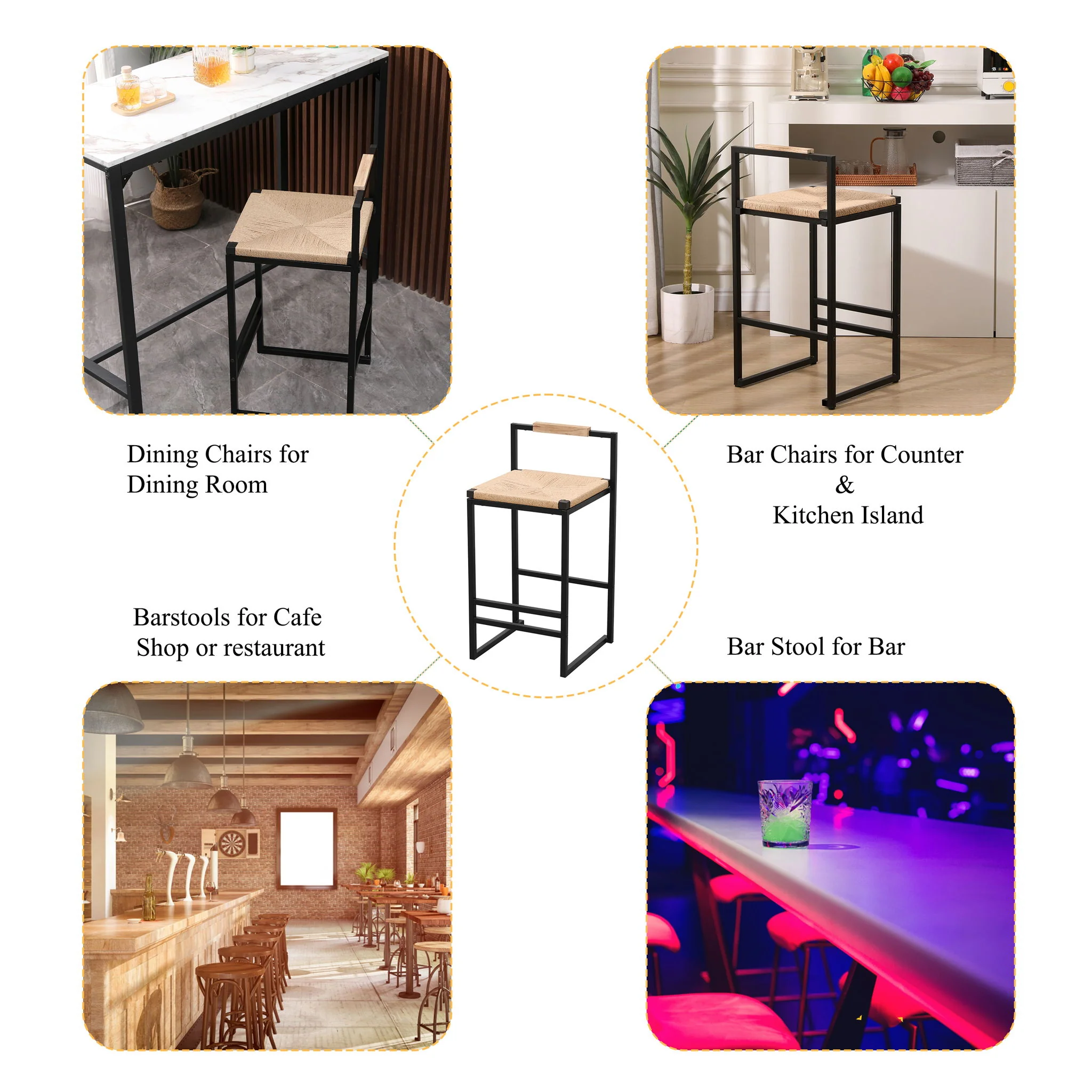 Stylish (Set of 2) Bar Stools With Backrest And Paper Rope Woven Seat, Counter Height Dining Chairs For Kitchen - Natural - Image 6