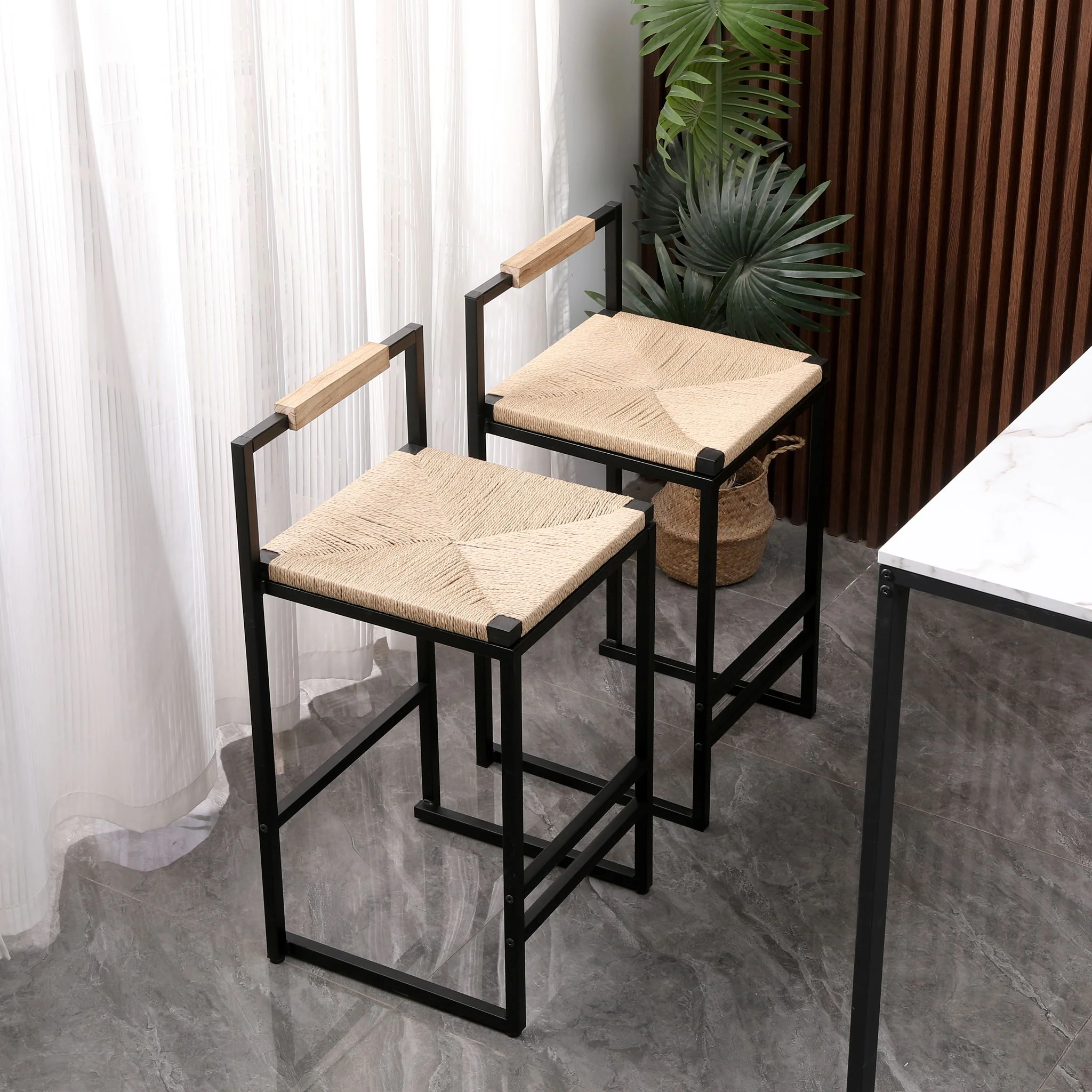 Stylish (Set of 2) Bar Stools With Backrest And Paper Rope Woven Seat, Counter Height Dining Chairs For Kitchen - Natural - Image 7