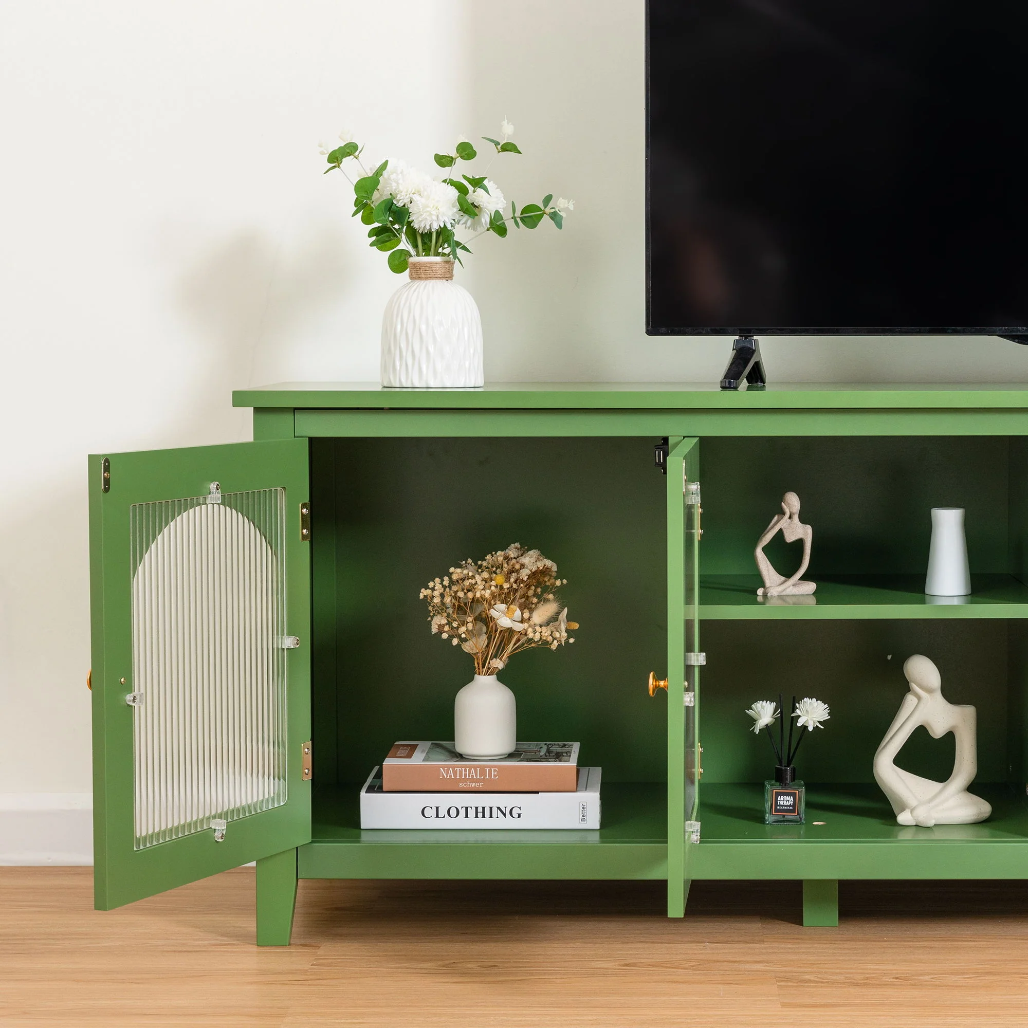 StylishTVcabinet Entertainment CenterTV Stand, TVconsoletable, Media Console, Solidwood Frame, Changhong Glass Door, Metal Handle - Image 17