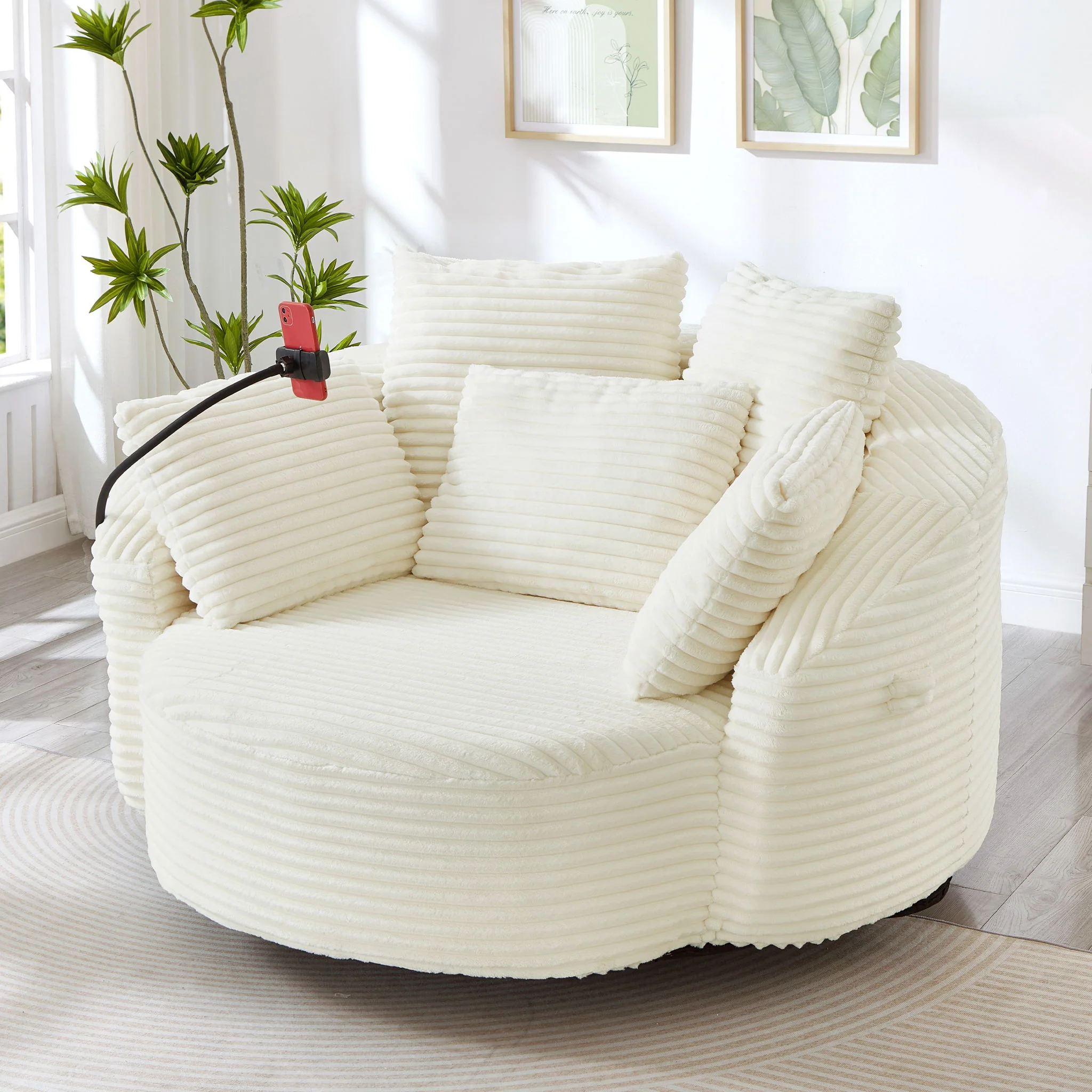 Swivel Accent Barrel Chair With Adjustable Phone Holder, 5 Pillows For Living Room - Image 8