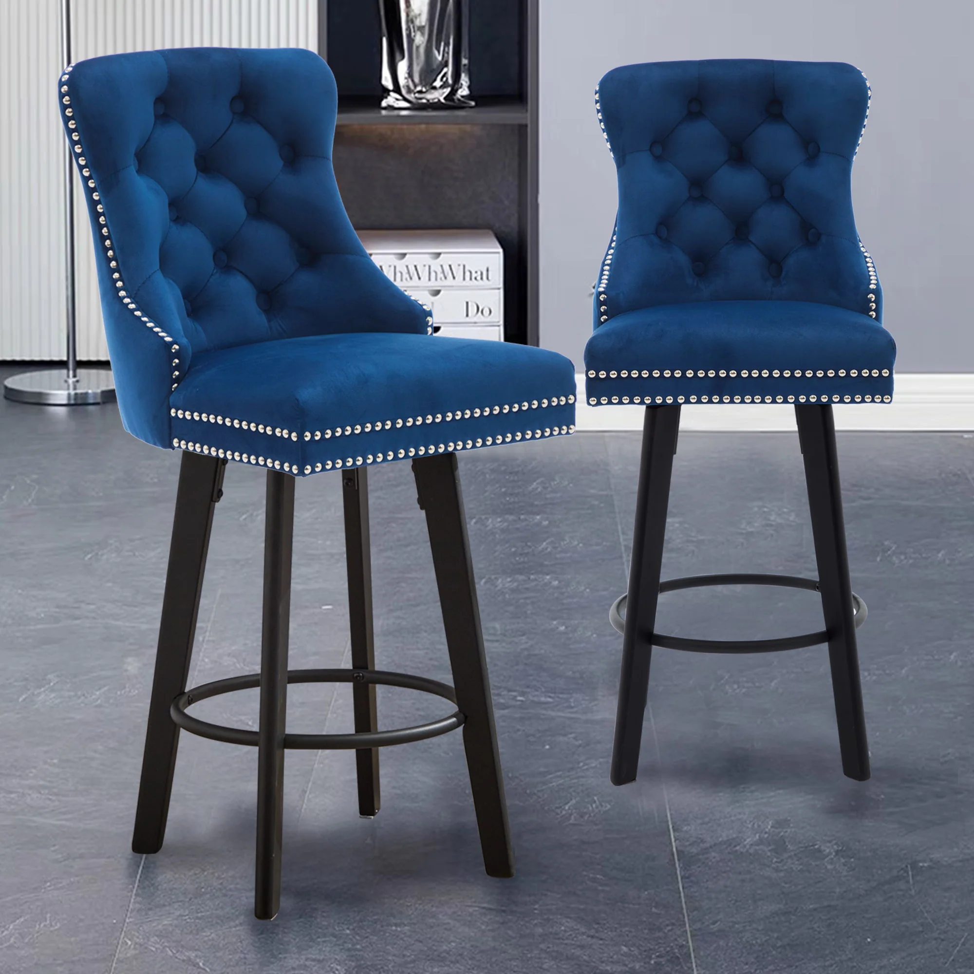 Swivel Bar Stools With Button Tufted Design And Rivet Trim - Image 3