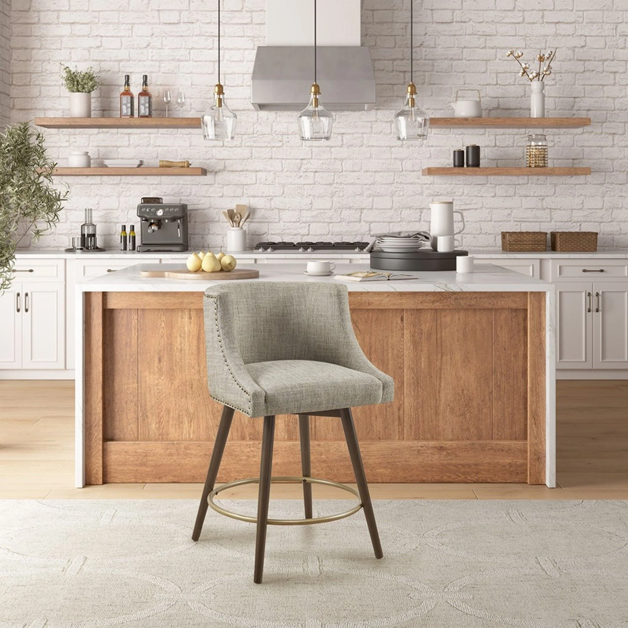 Swivel Counter Stool With Antique Bronze Detailing - Beige Multi - Image 7