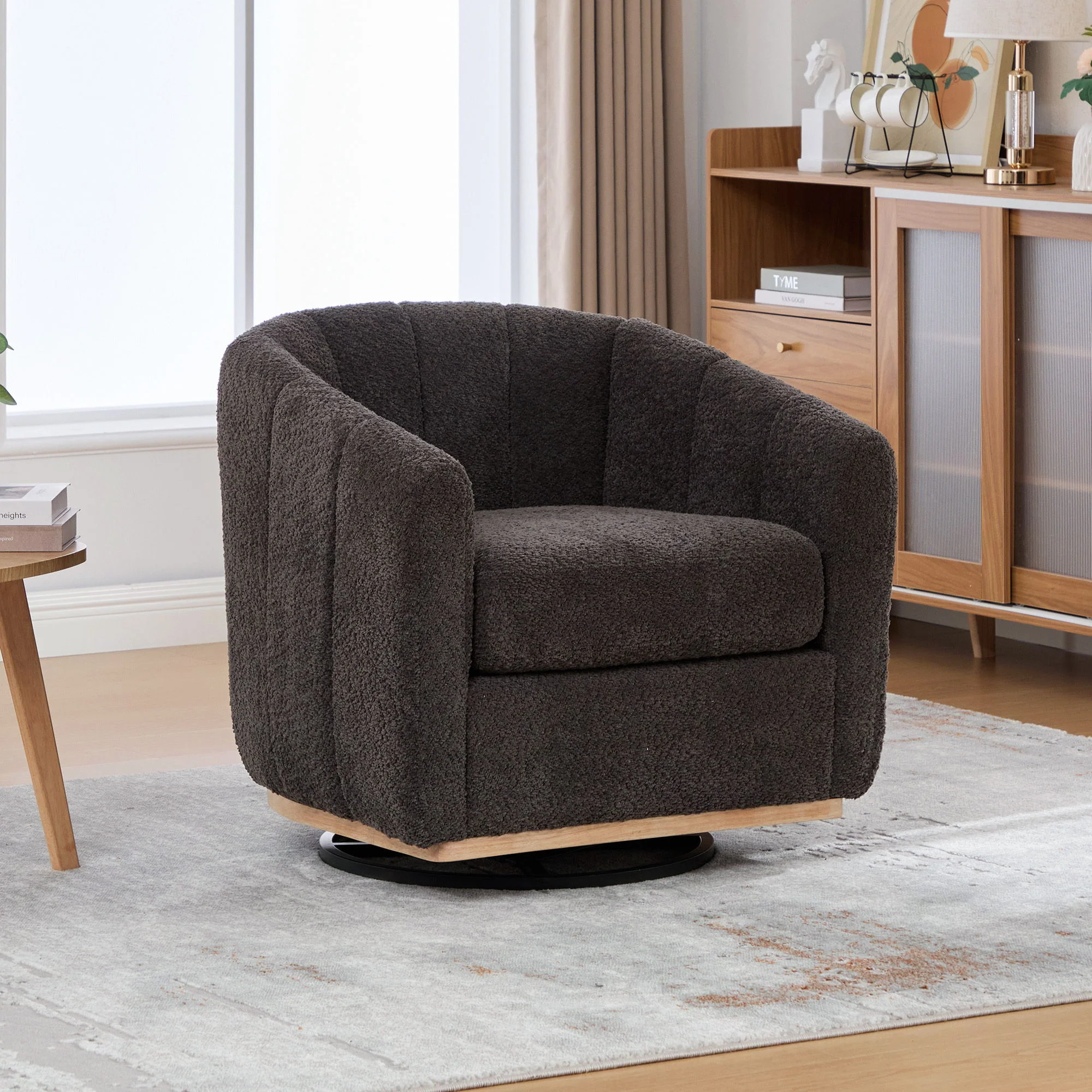 Swivel Upholstered Barrel Chair With Metal Base - Image 9