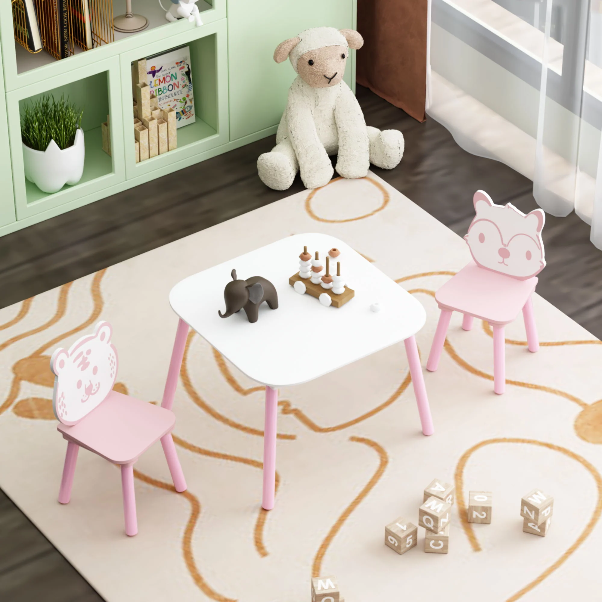 Table And Chair Set, 3 Piece Wooden Toddler Desk With Animal Backrest - Pink / White - Image 4