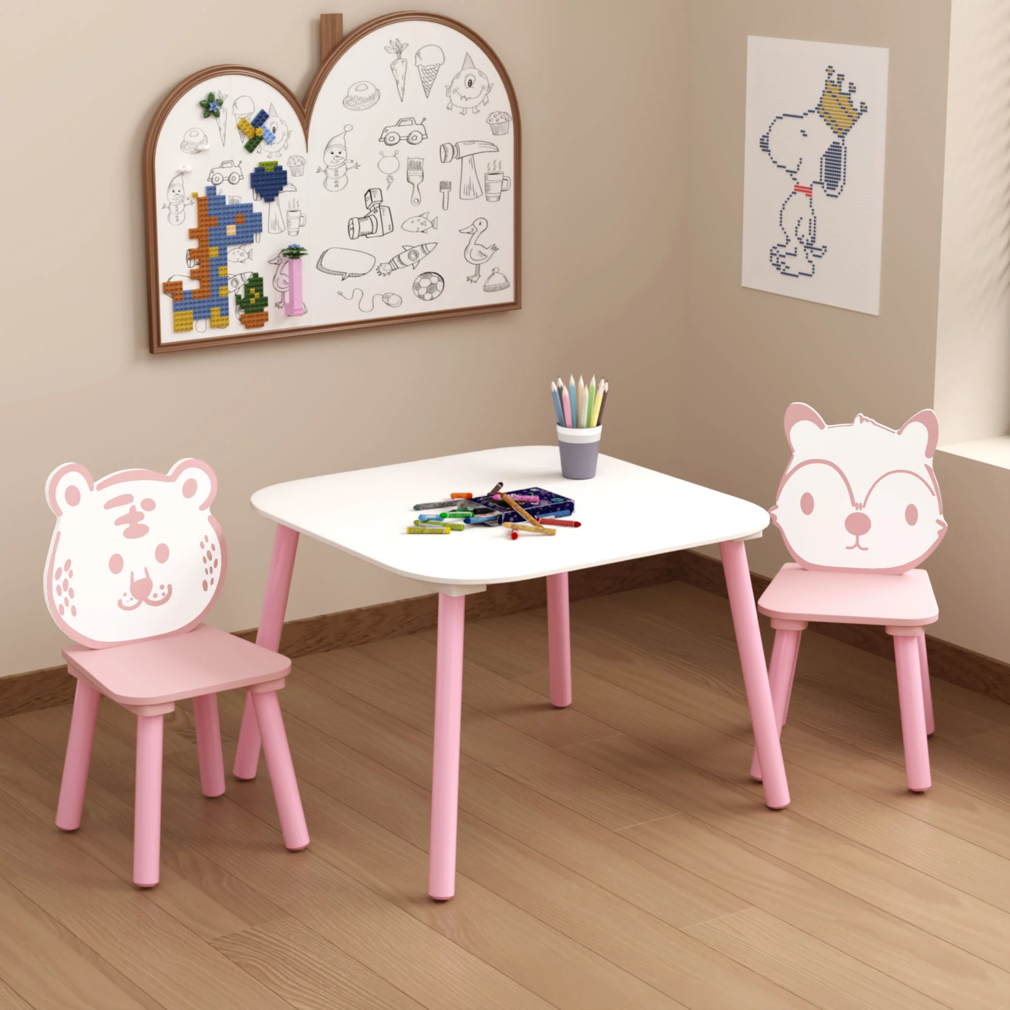 Table And Chair Set, 3 Piece Wooden Toddler Desk With Animal Backrest - Pink / White - Image 5