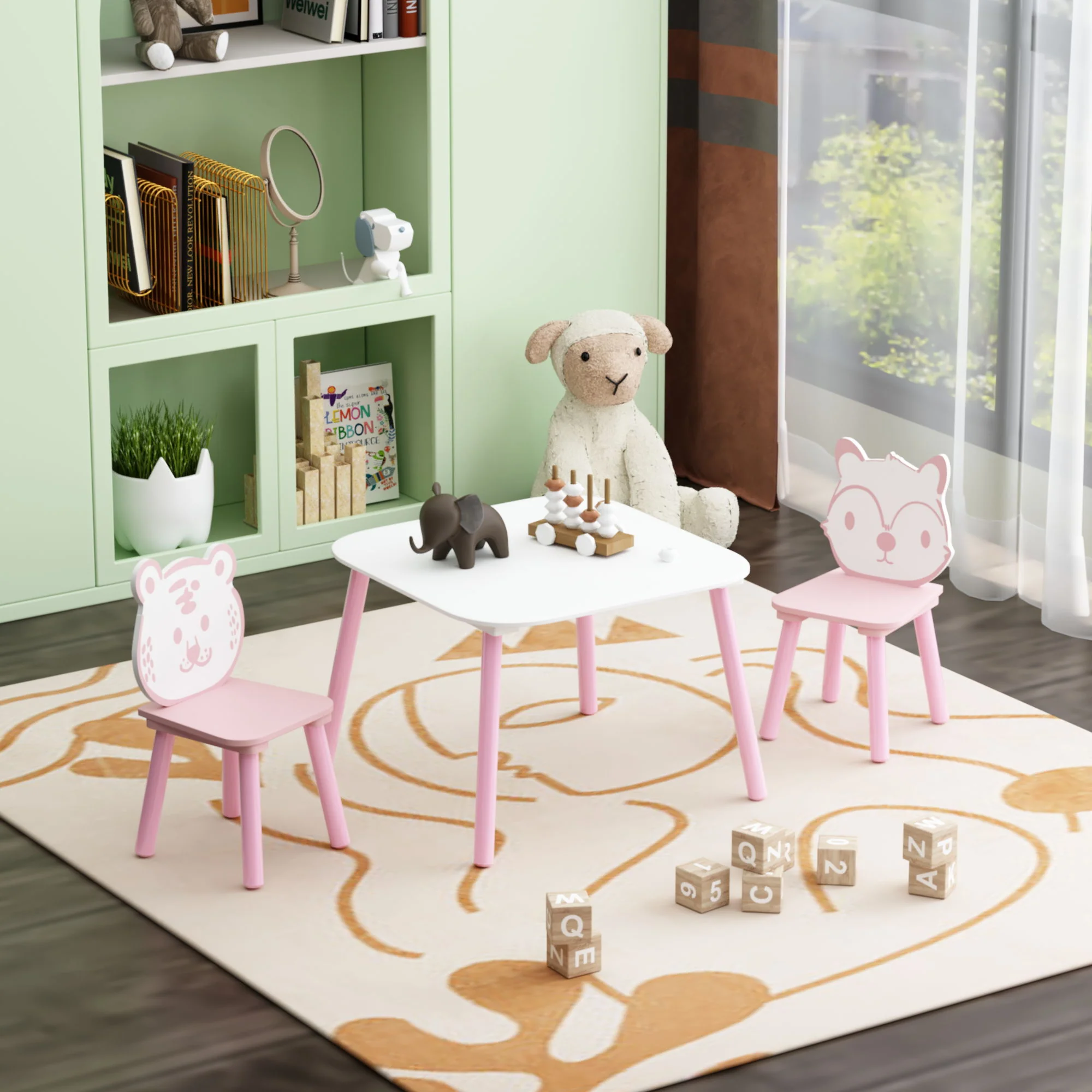 Table And Chair Set, 3 Piece Wooden Toddler Desk With Animal Backrest - Pink / White - Image 6