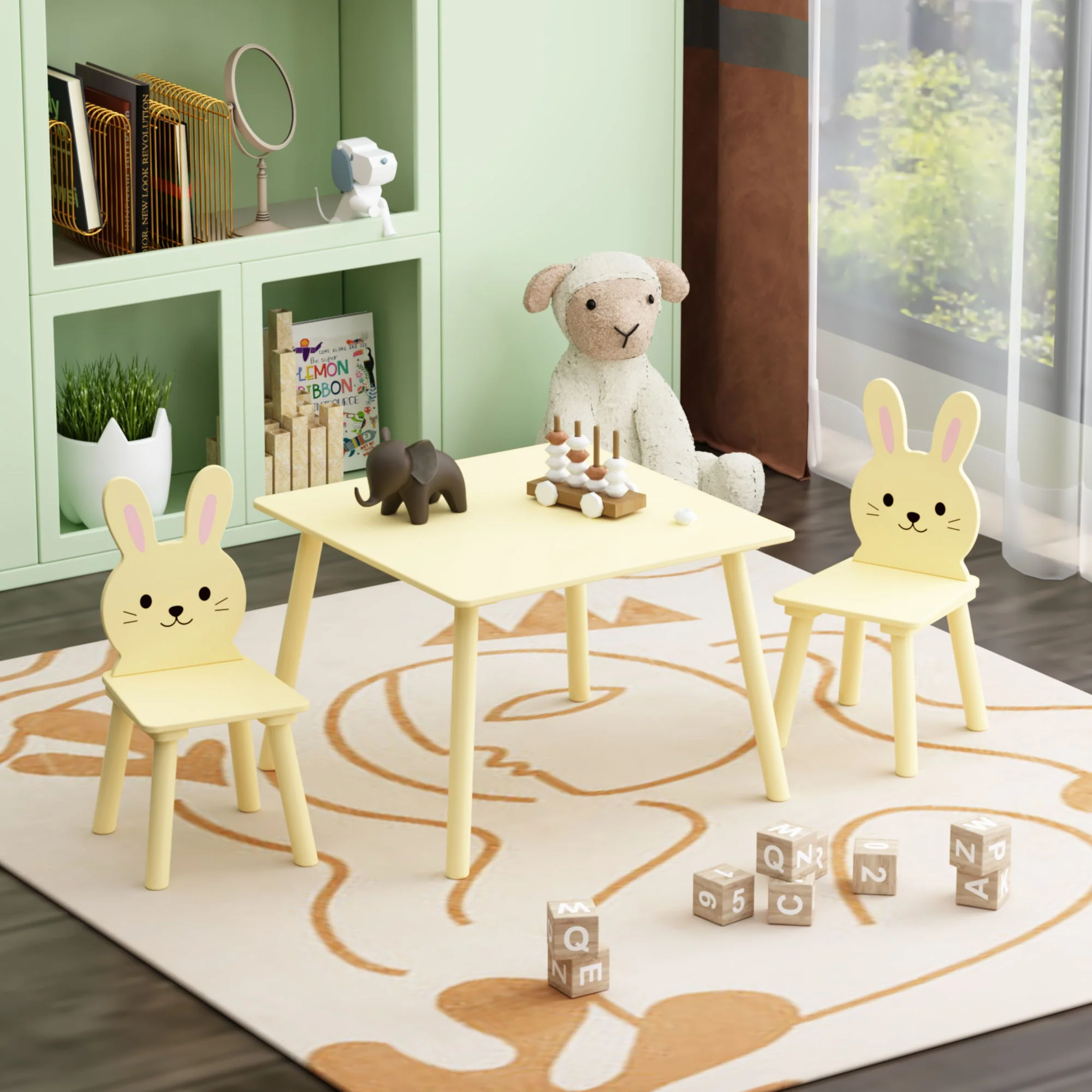 Table And Chair Set With 2 Bunny Chairs, Children's Activity Table For Toddlers, Cute Animal Design - Yellow - Image 3