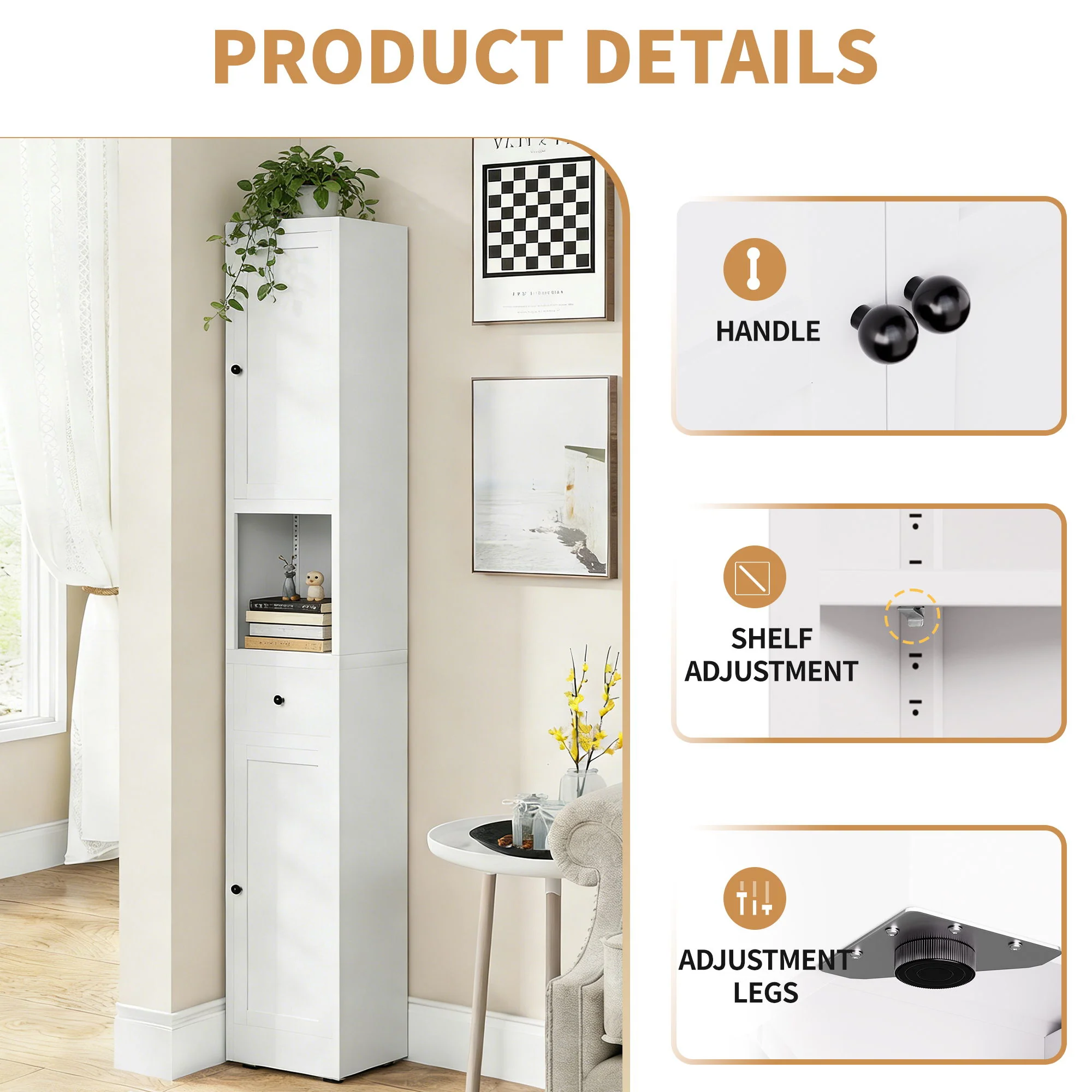 Tall Bathroom Storage Cabinet, 5-Tier Narrow With 2 Doors & Adjustable Shelves, Freestanding - White - Image 2