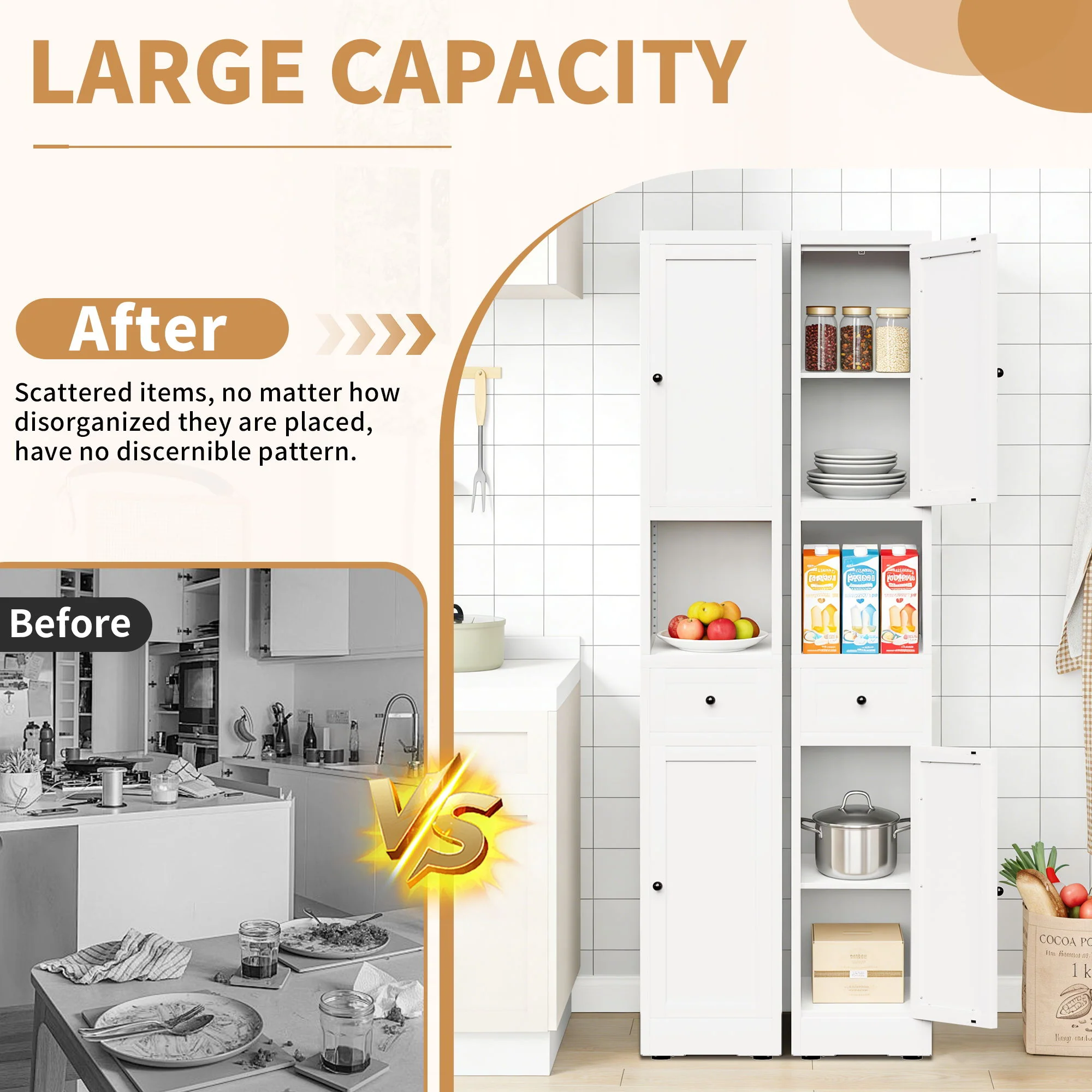Tall Bathroom Storage Cabinet, 5-Tier Narrow With 2 Doors & Adjustable Shelves, Freestanding - White - Image 7