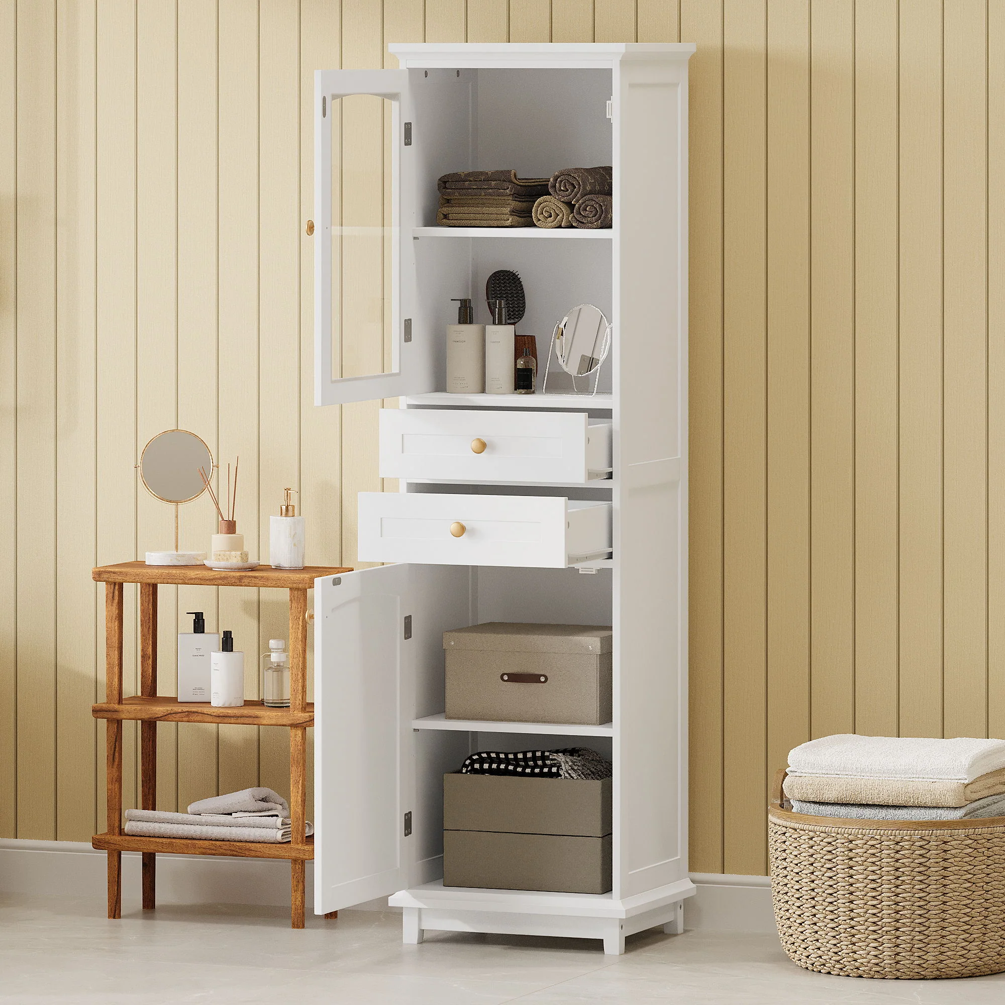 Tall Bathroom Storage Cabinet With Glass Doors, Free-Standing, Two Drawers, And Adjustable Shelves, Board, Painted Perfect For Displaying Your Favorite Items - Image 10