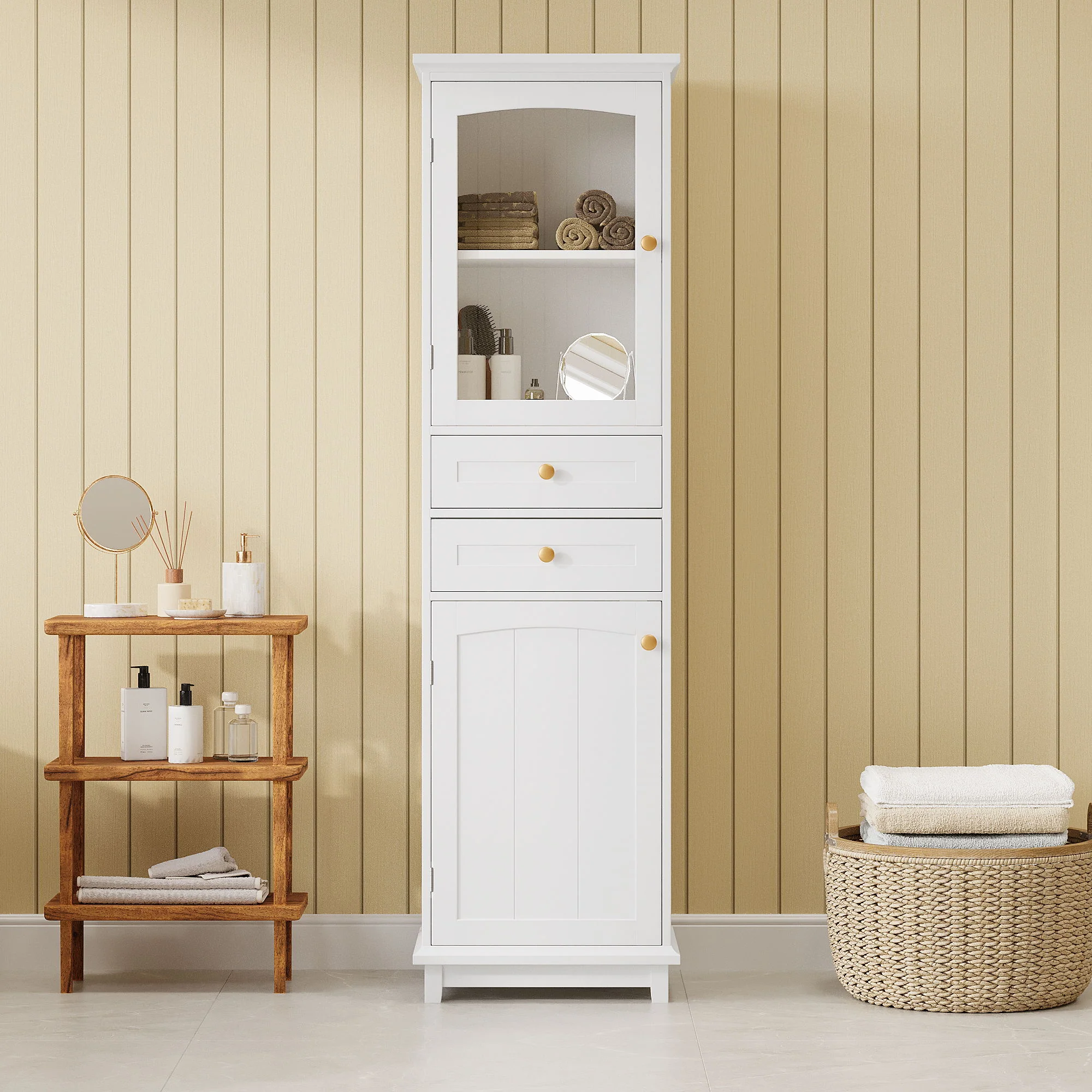Tall Bathroom Storage Cabinet With Glass Doors, Free-Standing, Two Drawers, And Adjustable Shelves, Board, Painted Perfect For Displaying Your Favorite Items - Image 11