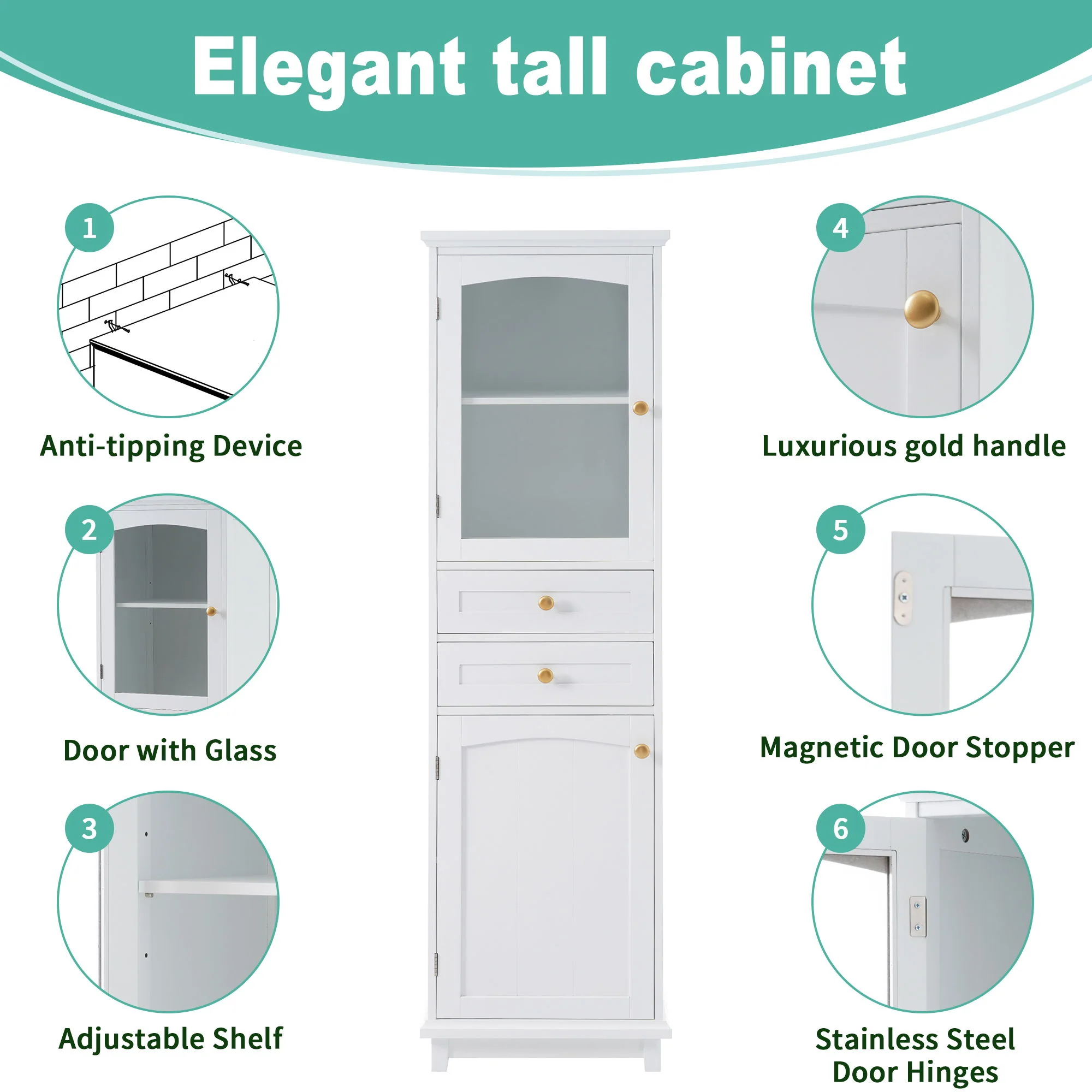Tall Bathroom Storage Cabinet With Glass Doors, Free-Standing, Two Drawers, And Adjustable Shelves, Board, Painted Perfect For Displaying Your Favorite Items - Image 12