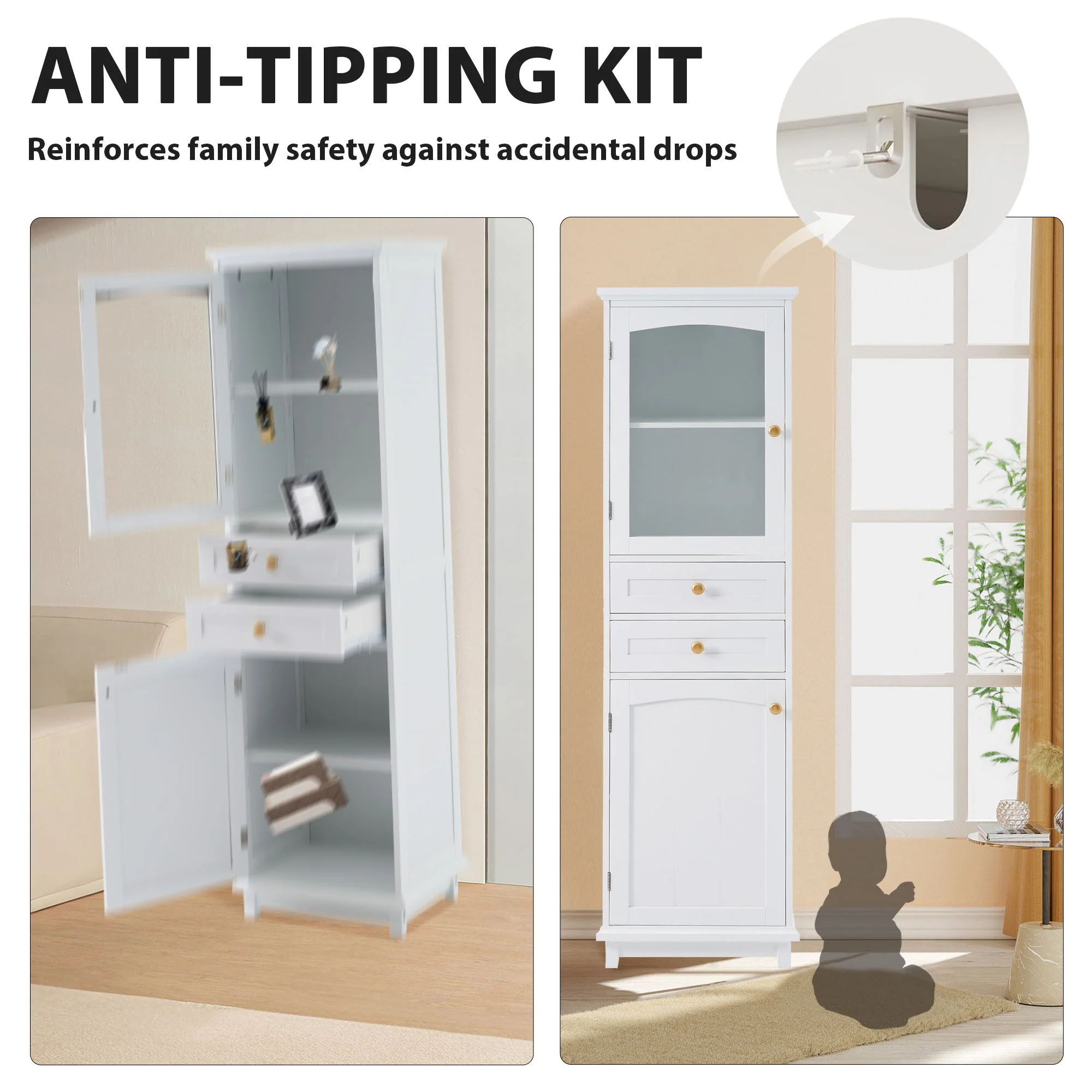 Tall Bathroom Storage Cabinet With Glass Doors, Free-Standing, Two Drawers, And Adjustable Shelves, Board, Painted Perfect For Displaying Your Favorite Items - Image 13