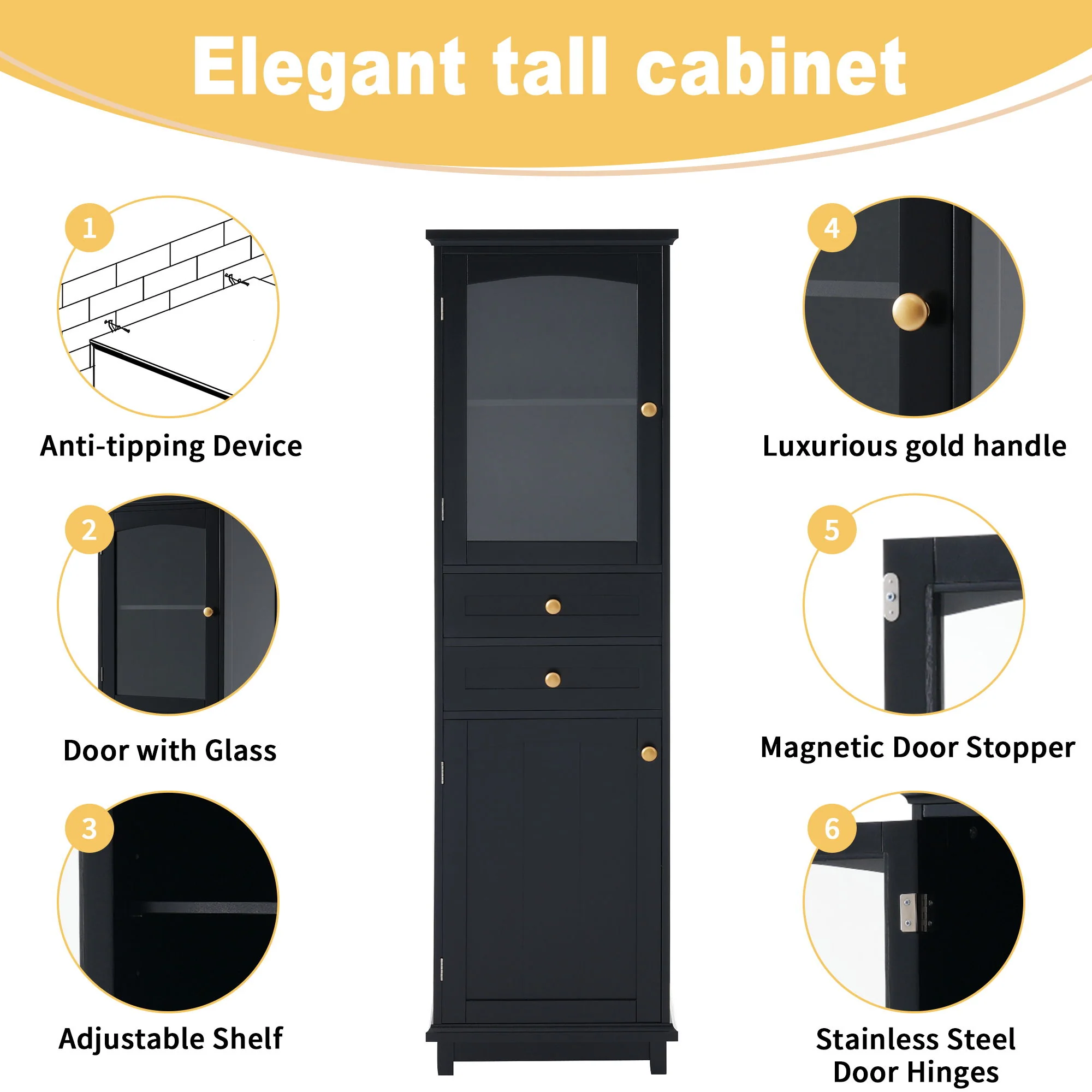 Tall Bathroom Storage Cabinet With Glass Doors, Free-Standing, Two Drawers, And Adjustable Shelves, Board, Painted Perfect For Displaying Your Favorite Items - Image 14