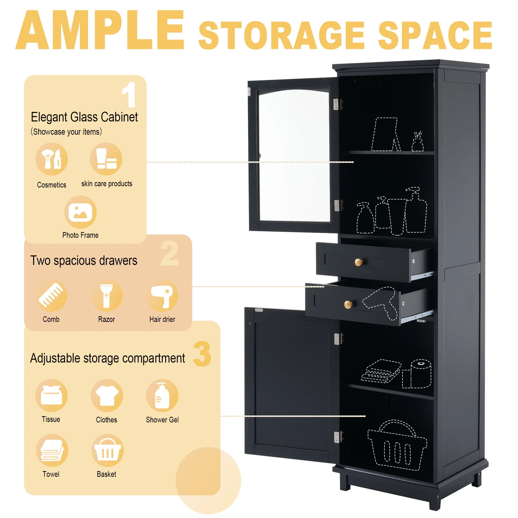 Tall Bathroom Storage Cabinet With Glass Doors, Free-Standing, Two Drawers, And Adjustable Shelves, Board, Painted Perfect For Displaying Your Favorite Items - Image 17