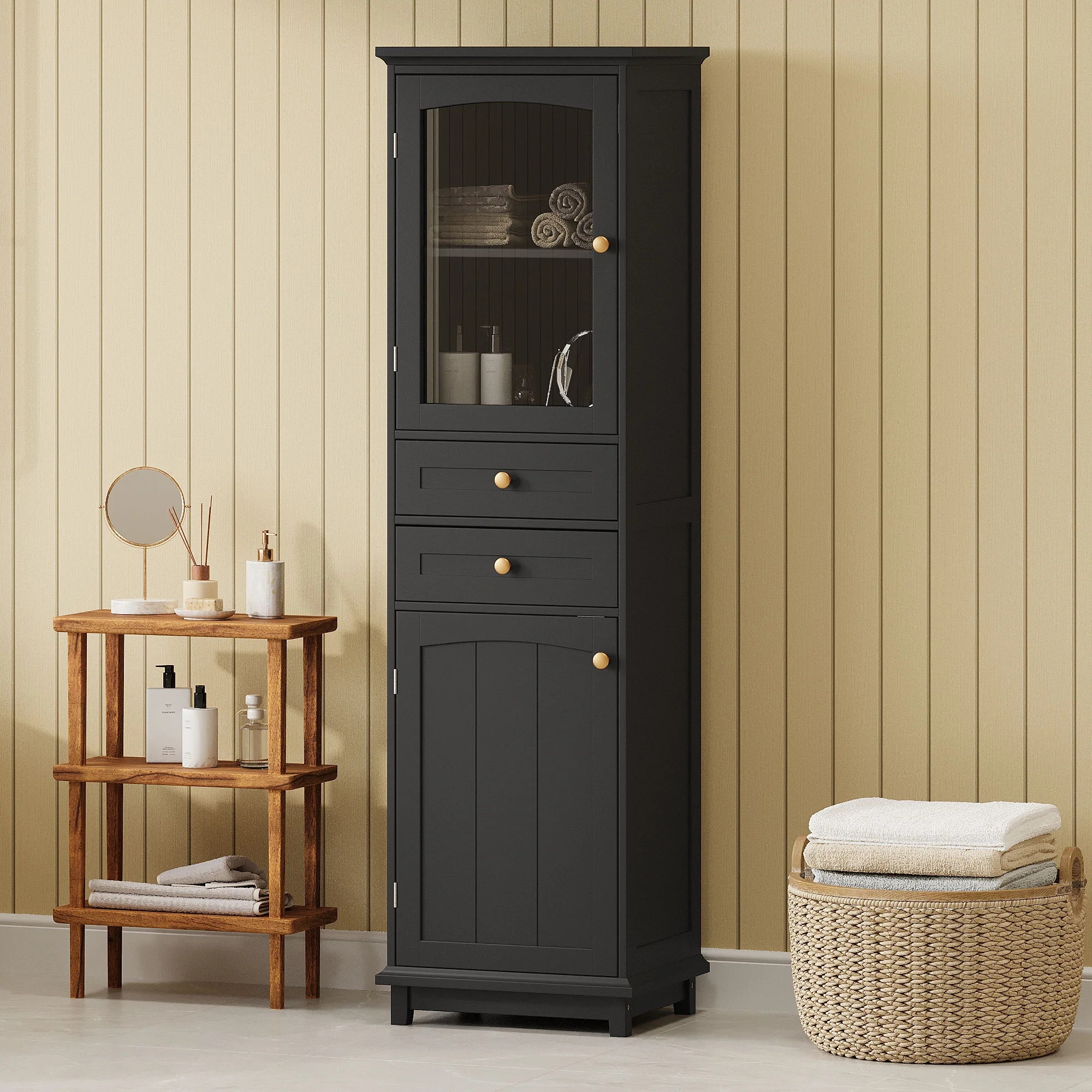 Tall Bathroom Storage Cabinet With Glass Doors, Free-Standing, Two Drawers, And Adjustable Shelves, Board, Painted Perfect For Displaying Your Favorite Items - Image 18