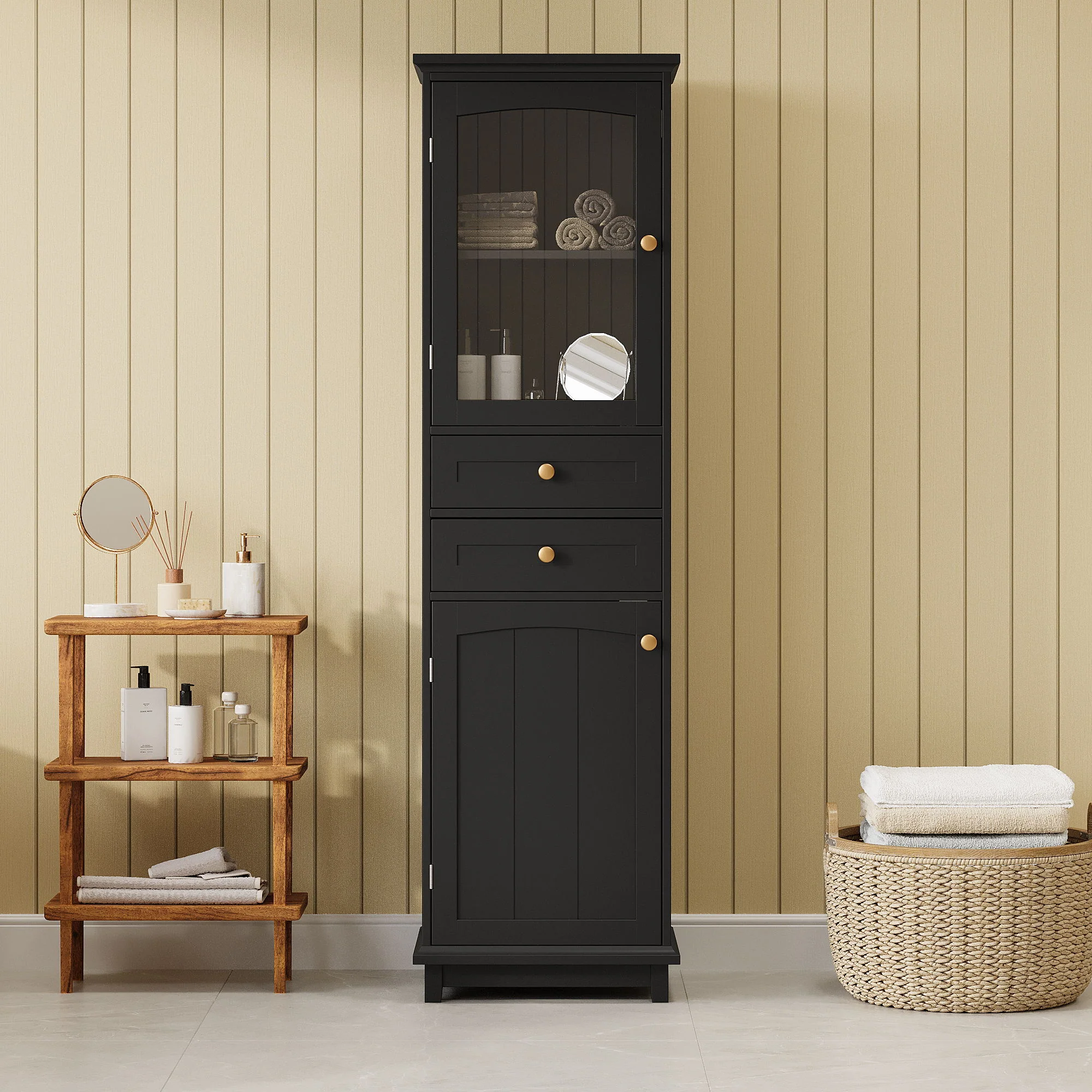 Tall Bathroom Storage Cabinet With Glass Doors, Free-Standing, Two Drawers, And Adjustable Shelves, Board, Painted Perfect For Displaying Your Favorite Items - Image 3